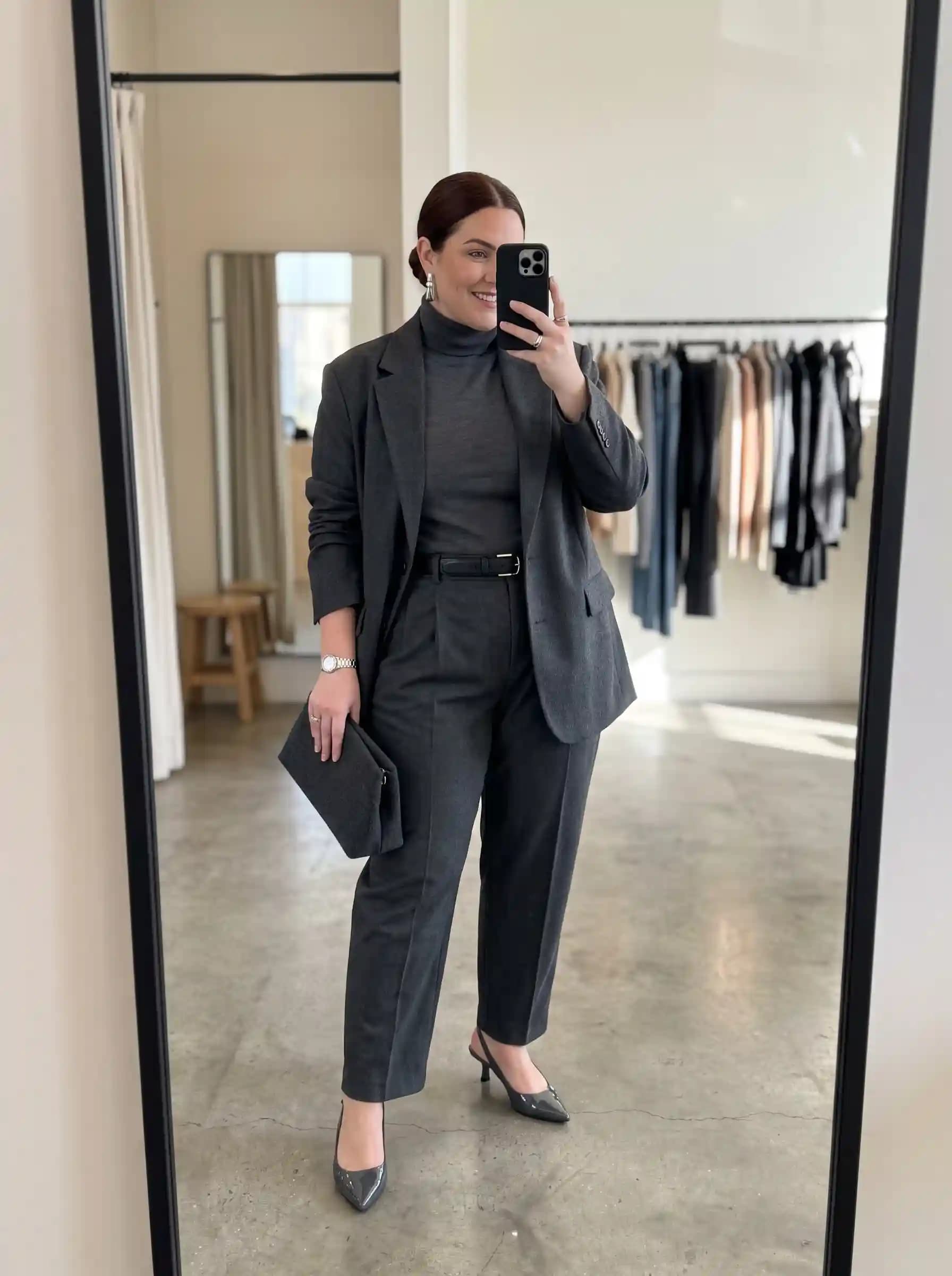 Charcoal Grey Oversized Blazer + Grey Turtleneck + Grey Tailored Trousers