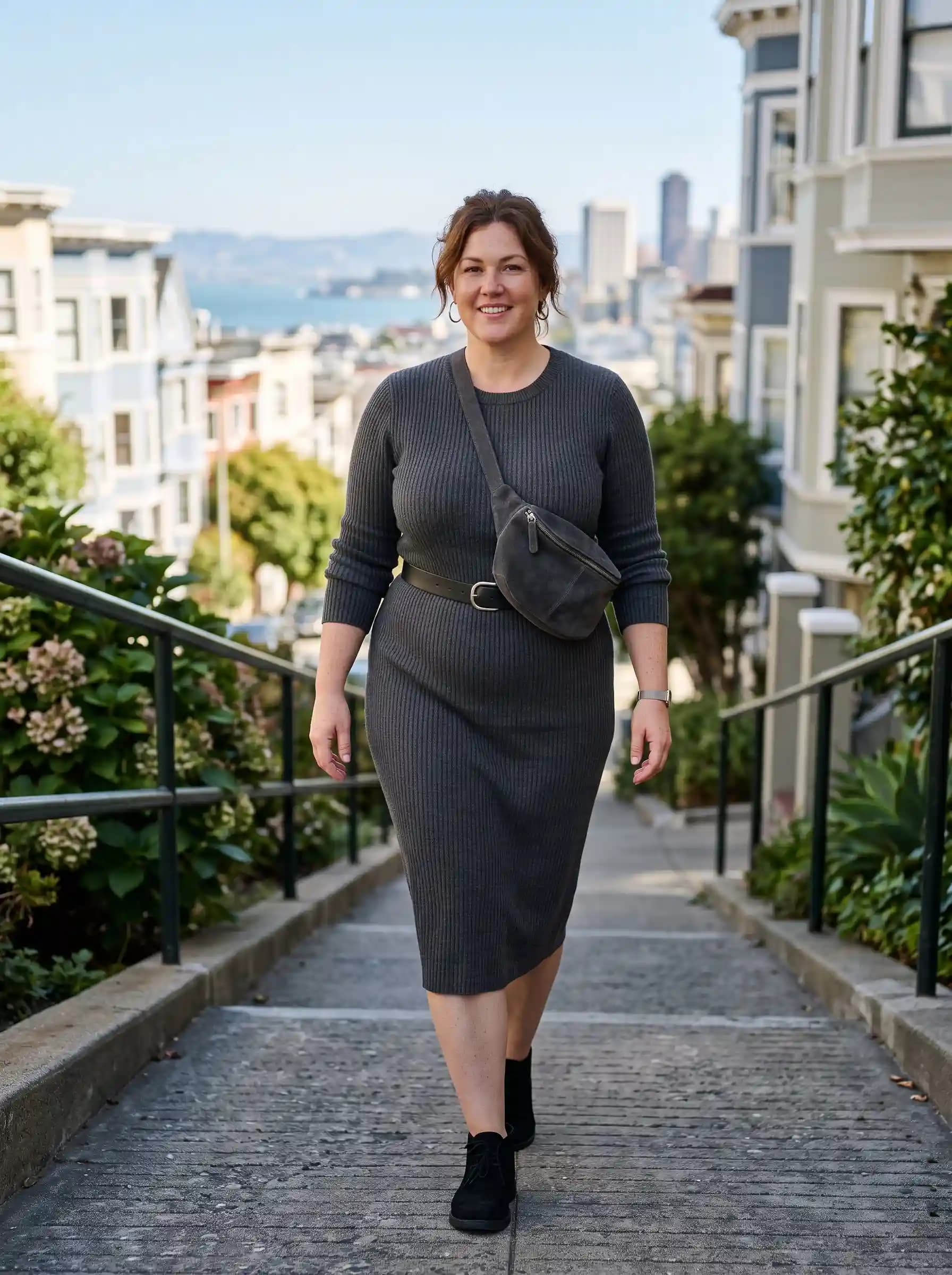 Dark Grey Ribbed Knit Midi Dress + Black Ankle Boots