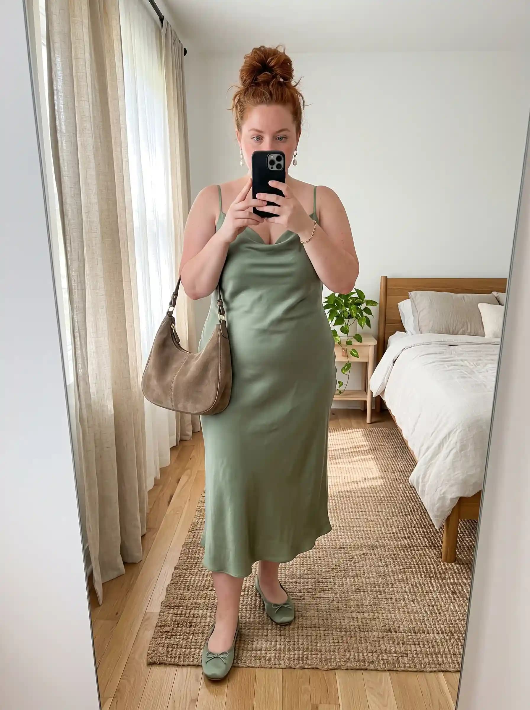 Sage Green Satin Slip Dress + Matching Ballet Flats