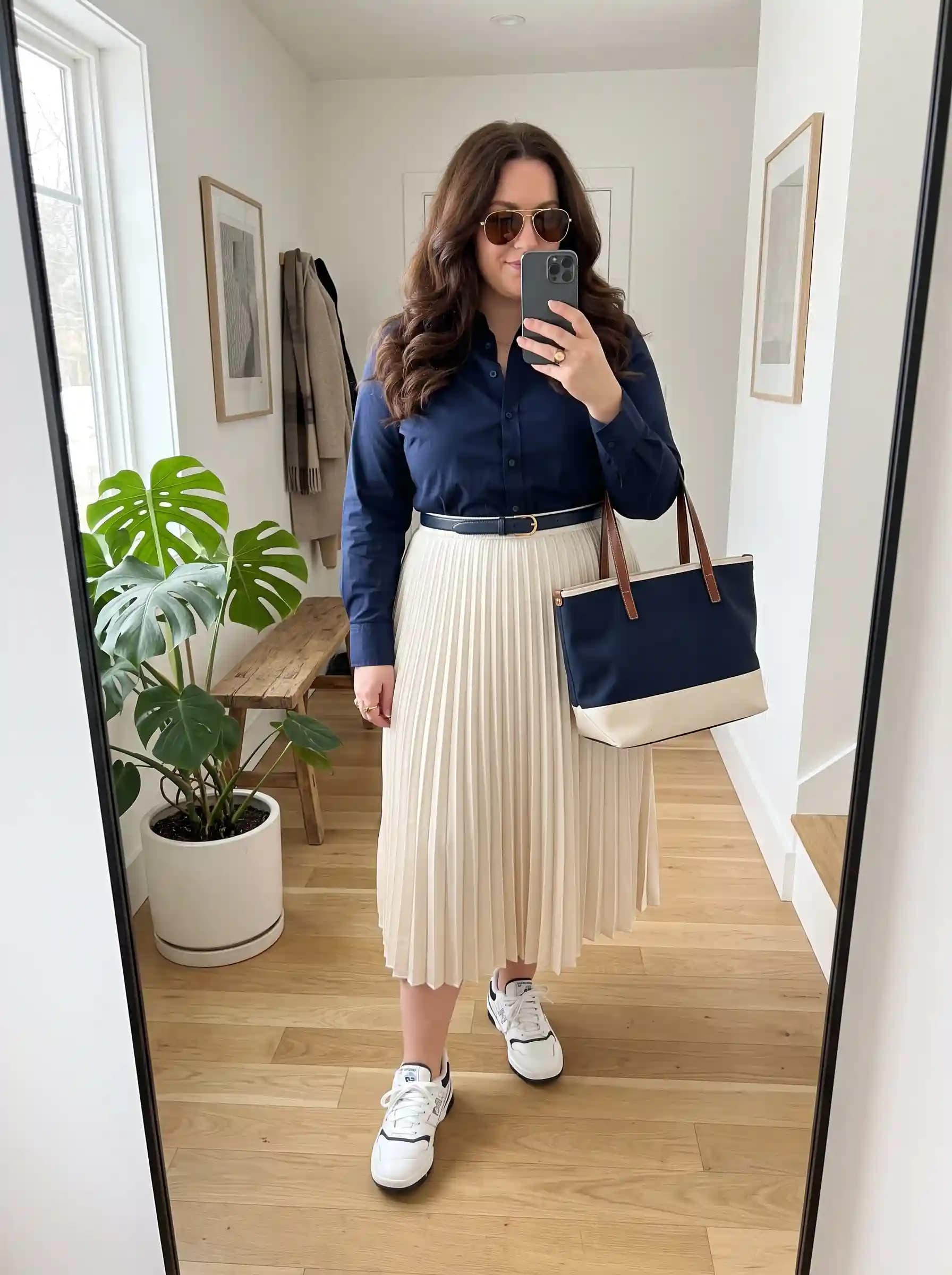 Navy Button-Down Shirt + Cream Pleated Midi Skirt + White Sneakers