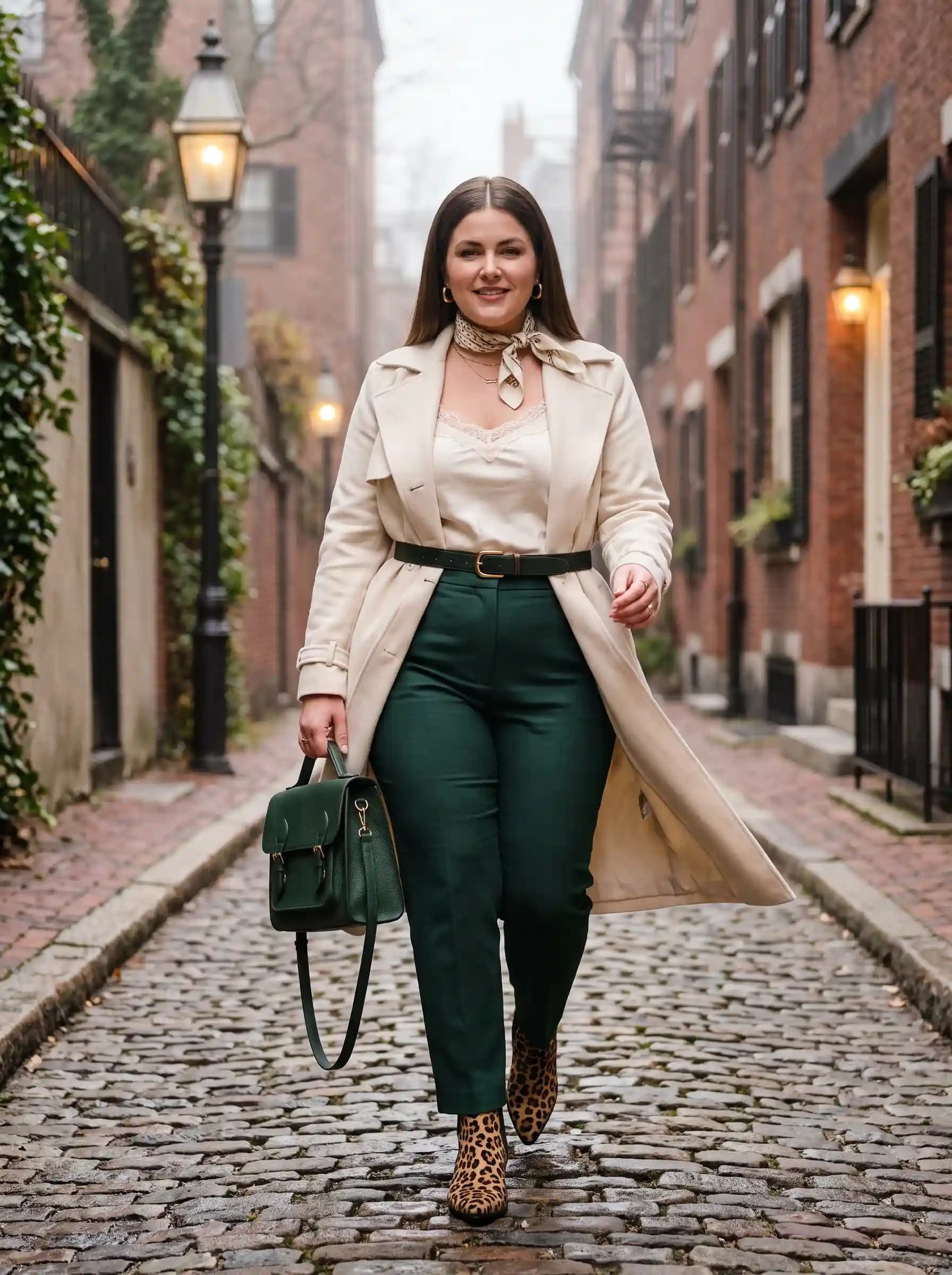 Cream Trench Coat + Cream Camisole + Emerald Green Trousers