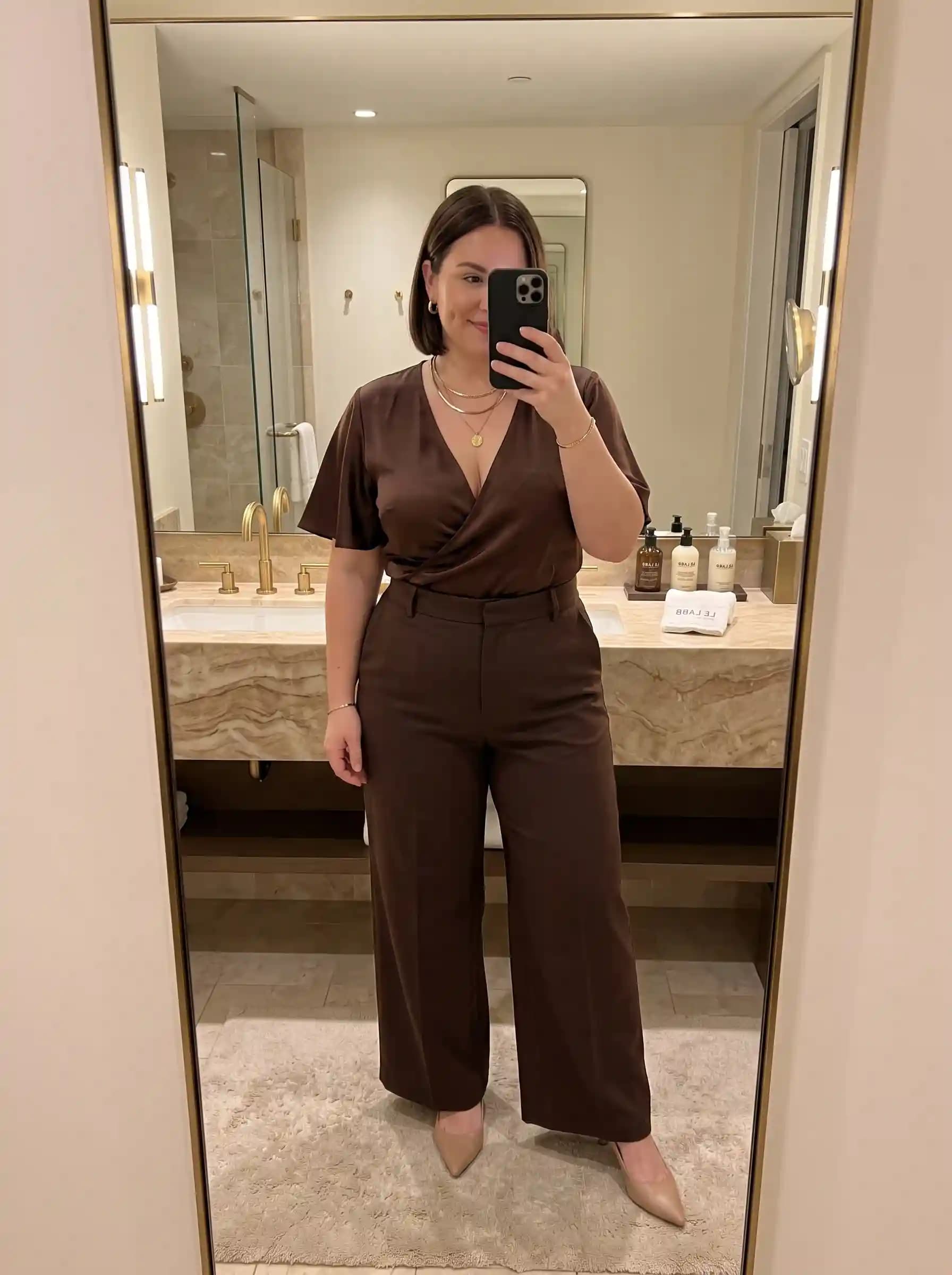 Brown Faux-Wrap Blouse + Brown Wide-Leg Pants + Nude Pumps