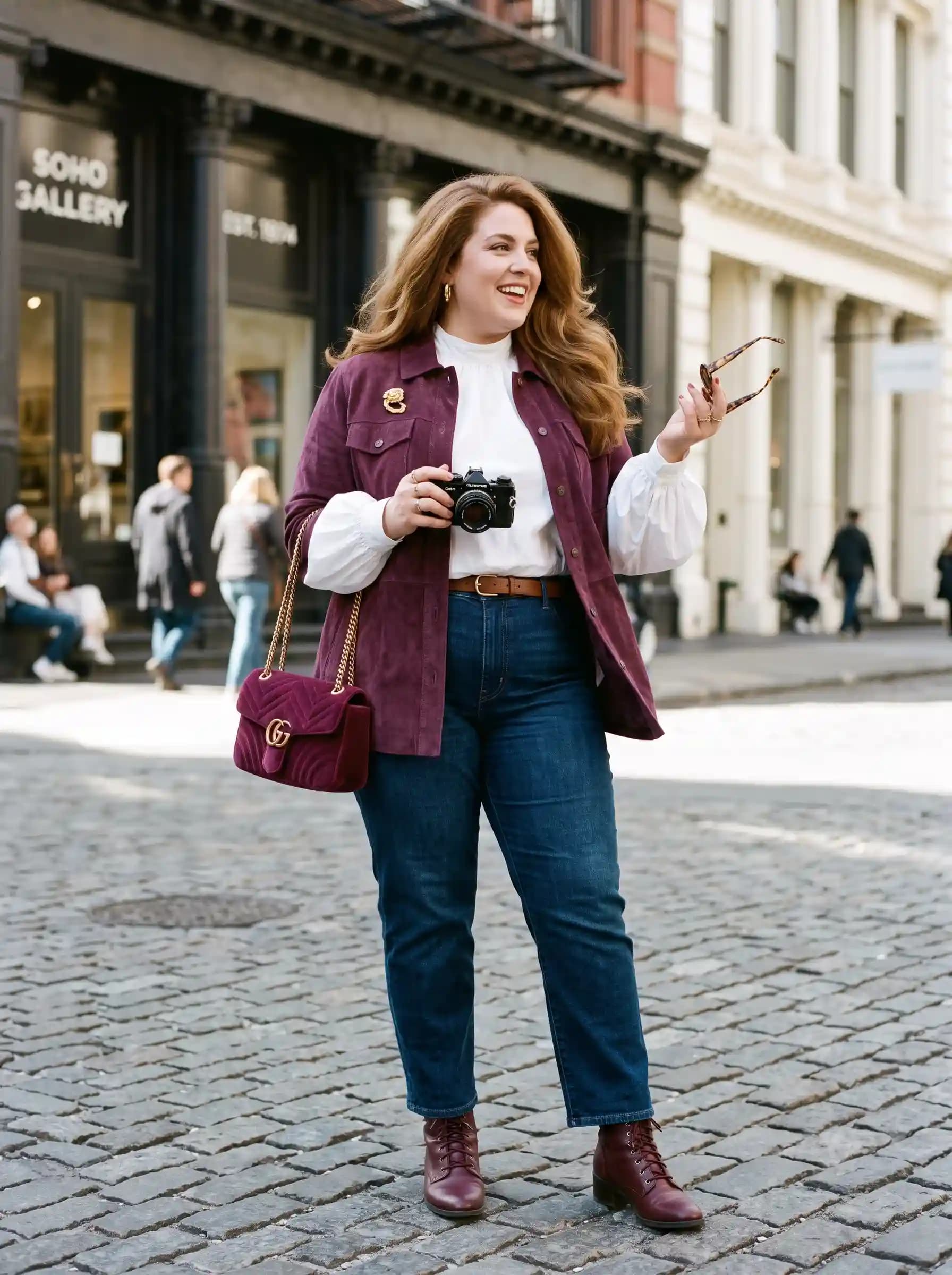 White Ruffle-Neck Blouse + Burgundy Suede Jacket + Dark Indigo Jeans