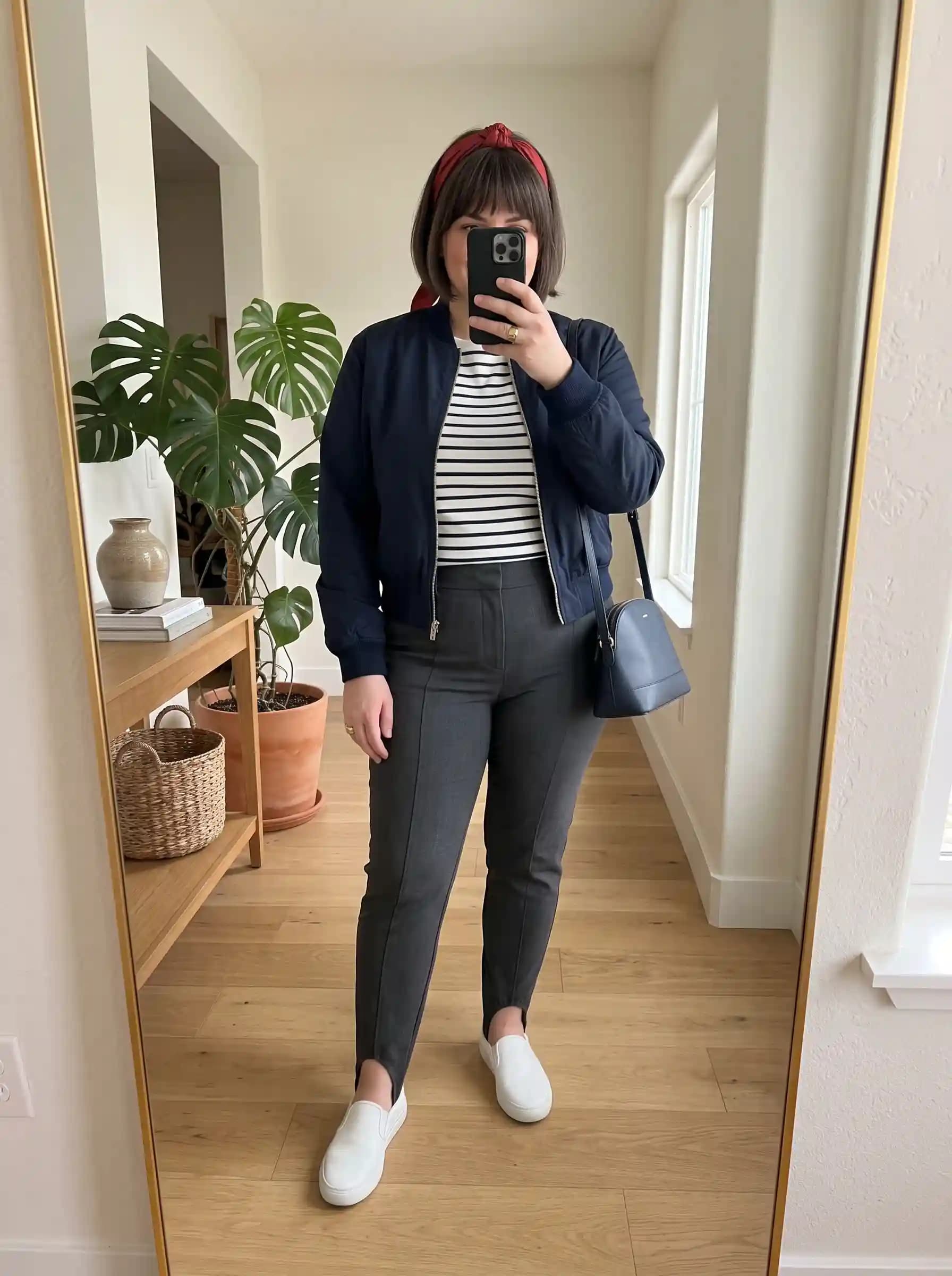 Striped T-Shirt + Navy Bomber Jacket + Charcoal Grey Trousers