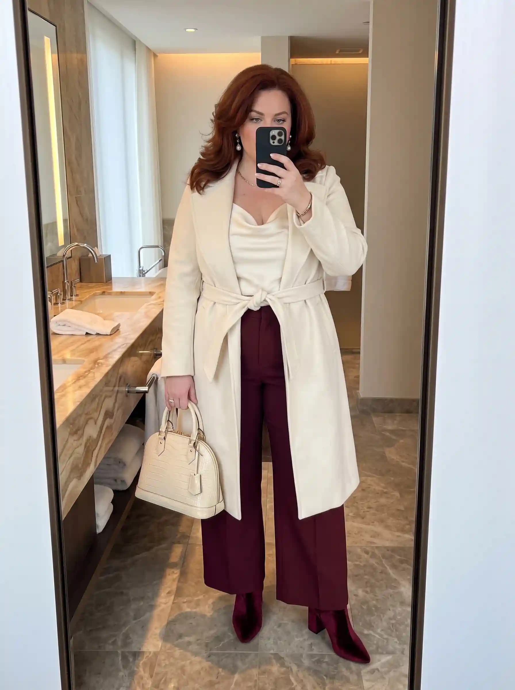 Cream Wrap Coat + Cream Satin Camisole + Burgundy Wide-Leg Trousers