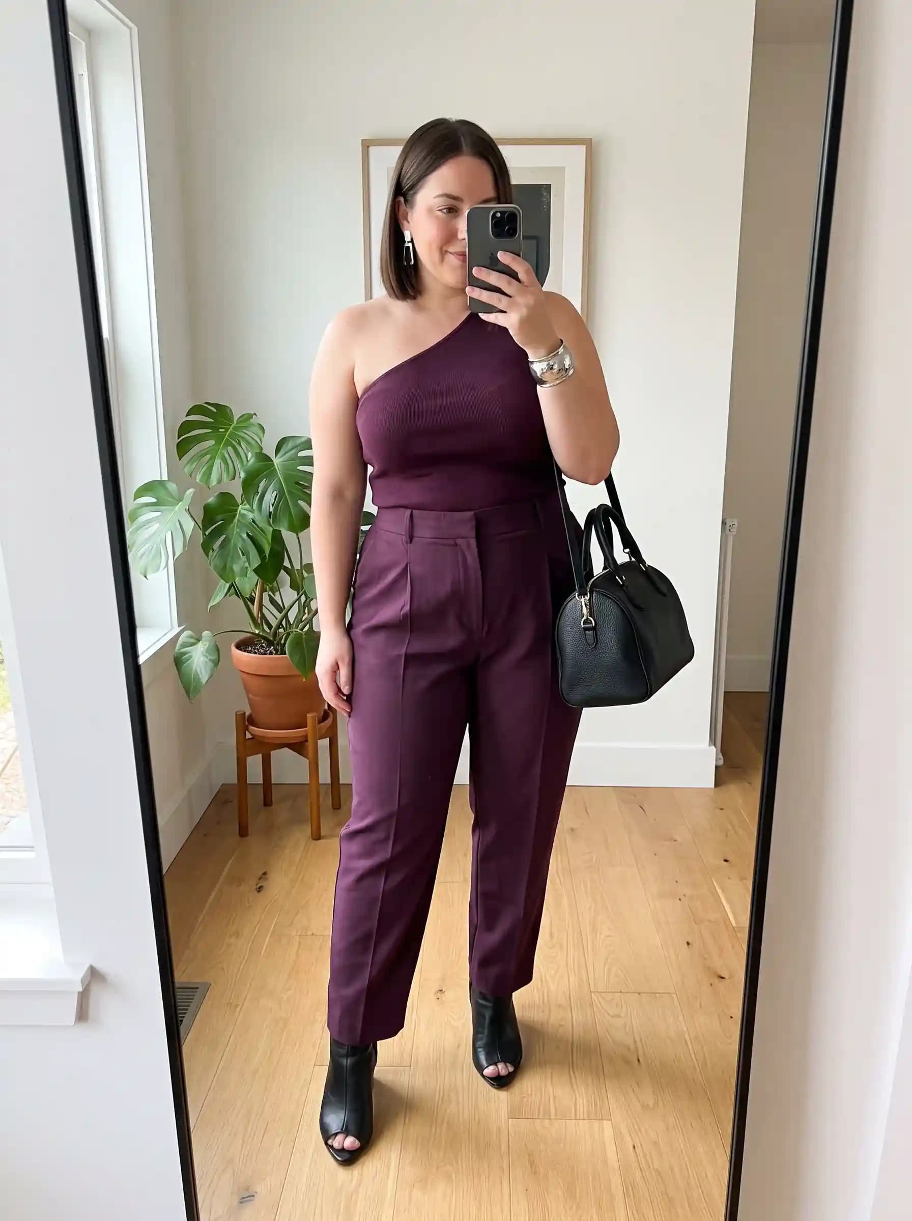 Burgundy One-Shoulder Ribbed Top + Burgundy Tailored Trousers + Black Ankle Boots
