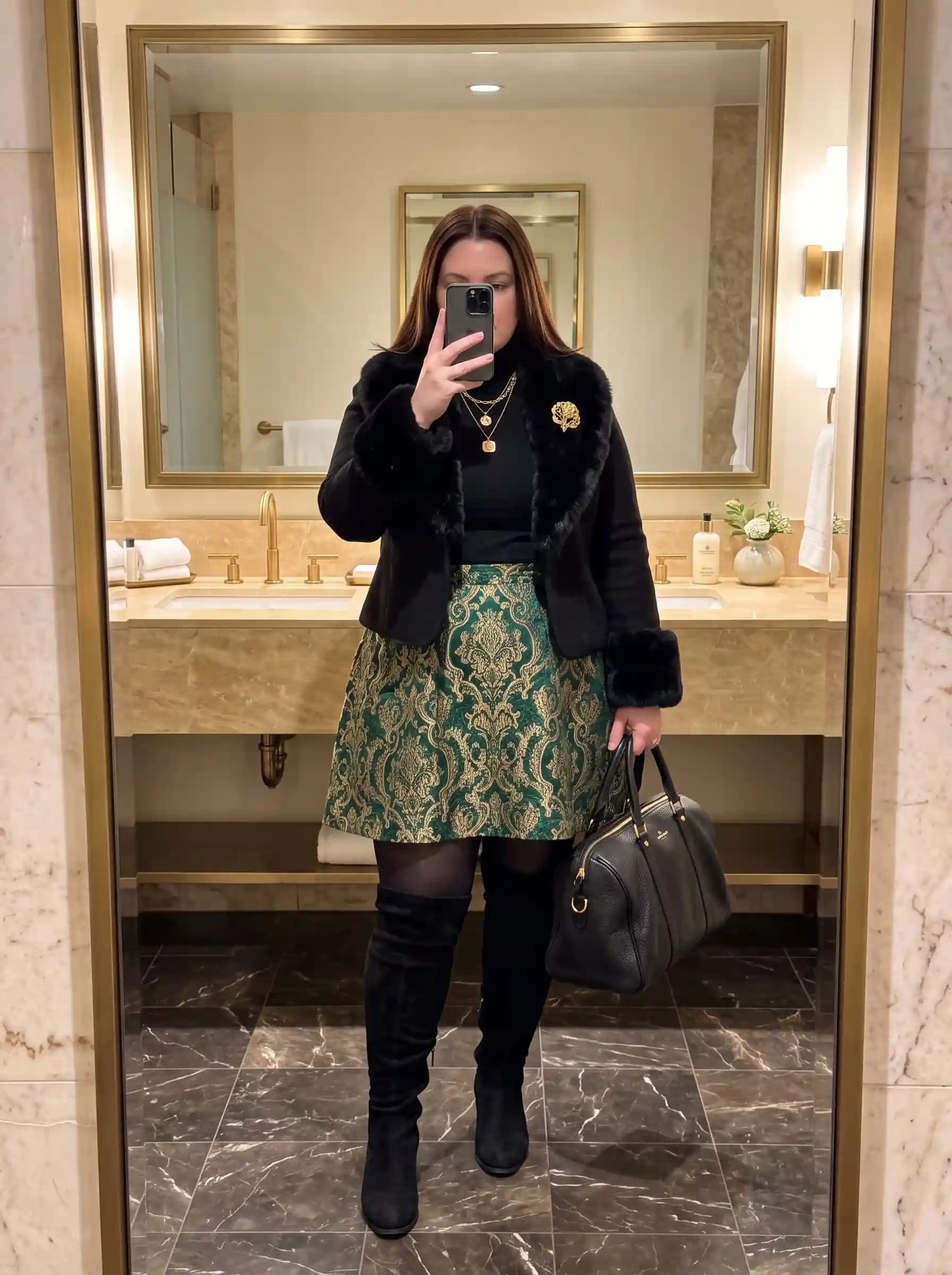 Black Cropped Jacket with Faux Fur Trim + Black Turtleneck + Emerald Brocade Mini Skirt