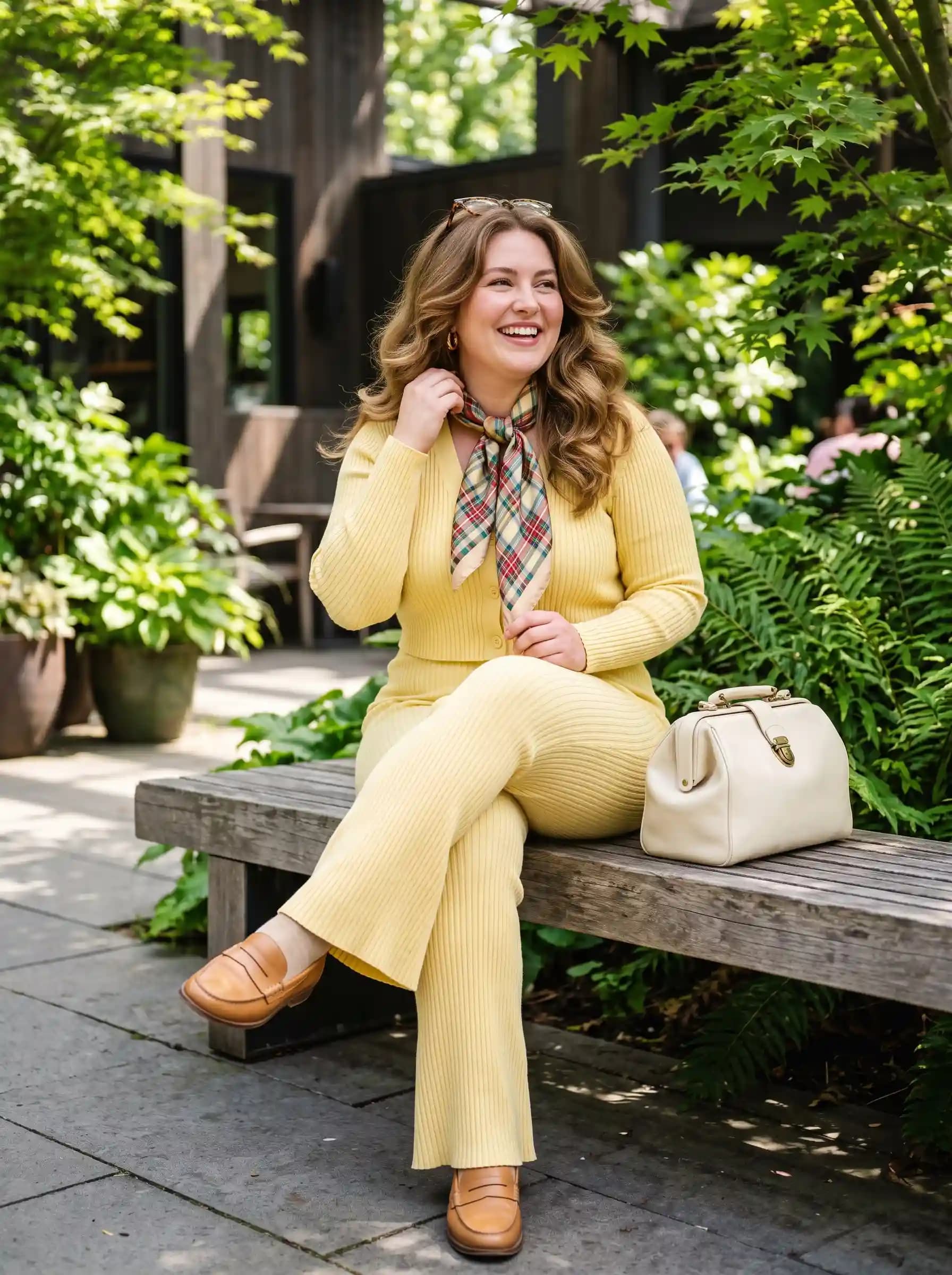 Yellow Ribbed Knit Cardigan + Yellow Wide-Leg Knit Pants + Plaid Scarf