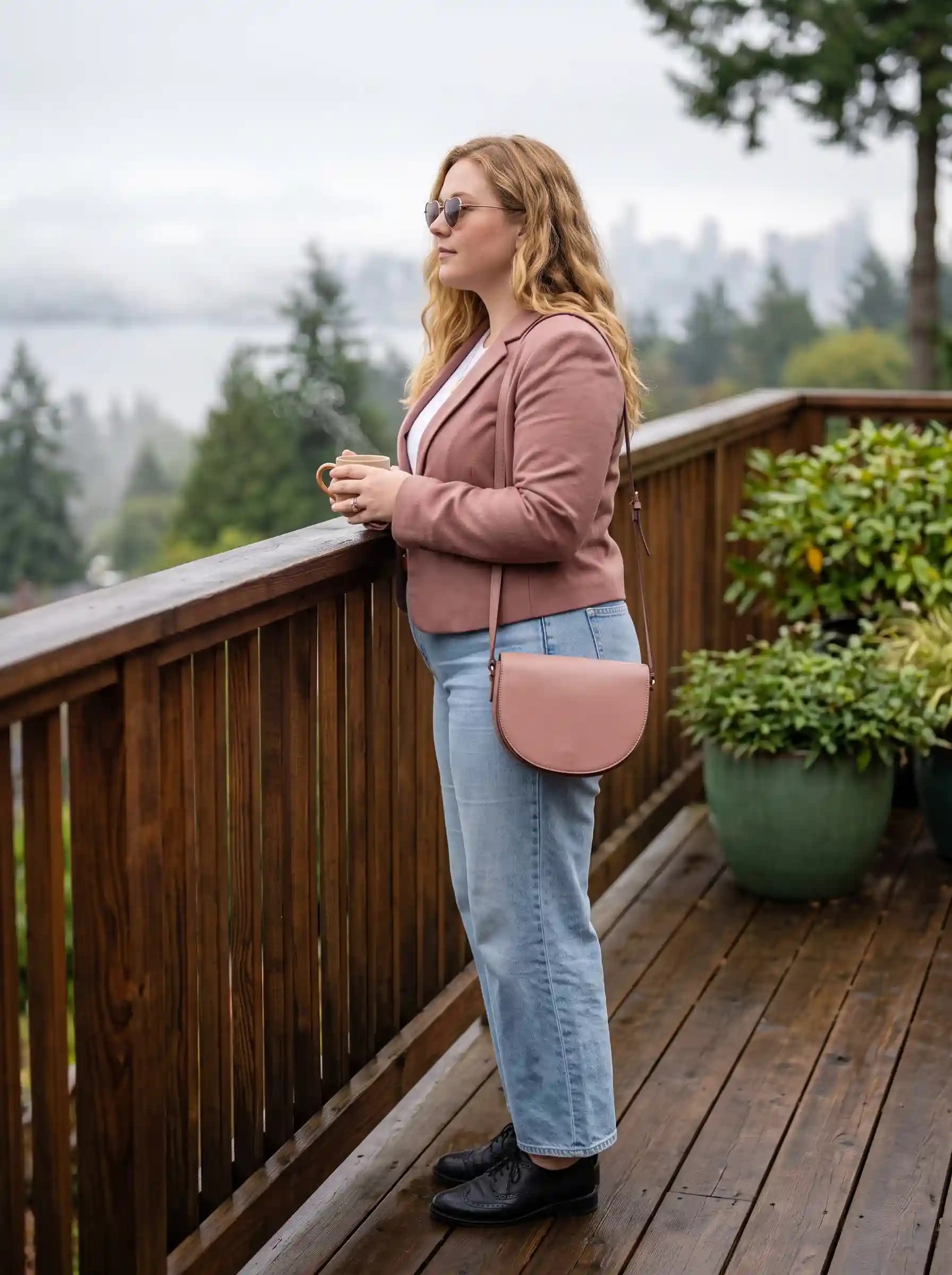 Dusty Rose Blazer + White Top + Light-Wash Cropped Jeans