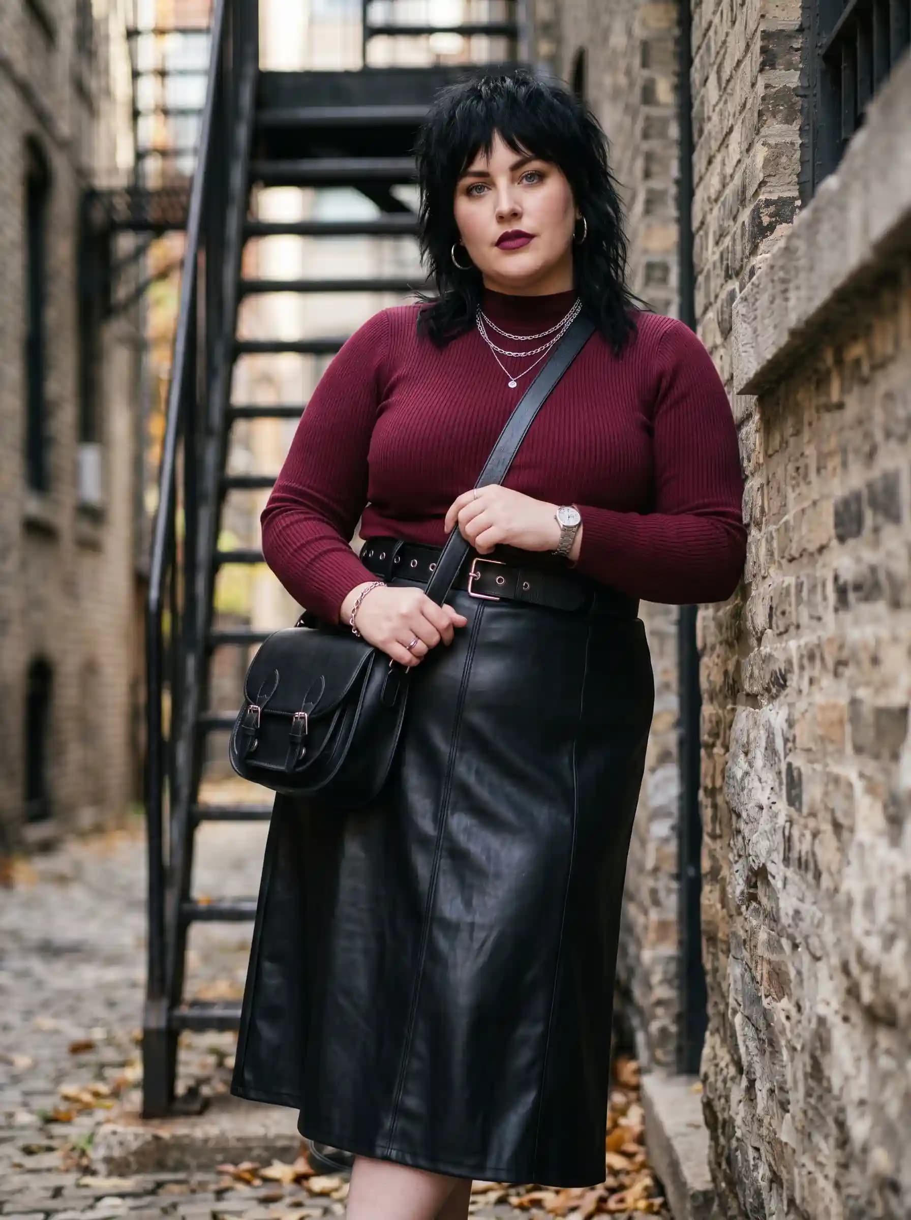 Burgundy Ribbed Turtleneck + Black Faux Leather Midi Skirt