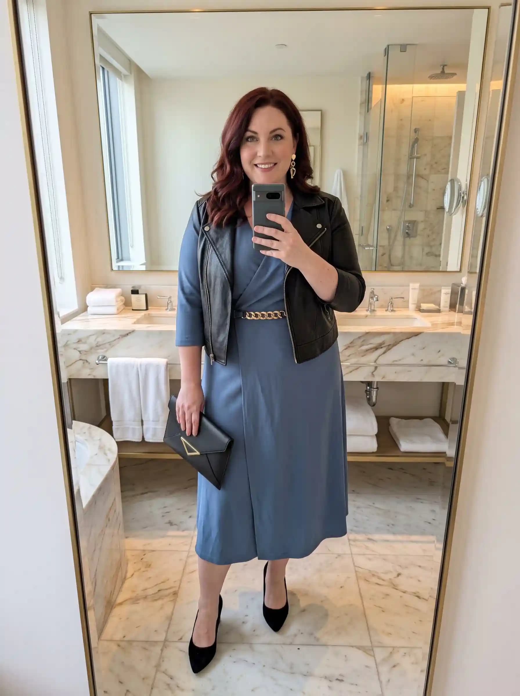 Steel Blue Wrap Midi Dress + Black Leather Moto Jacket