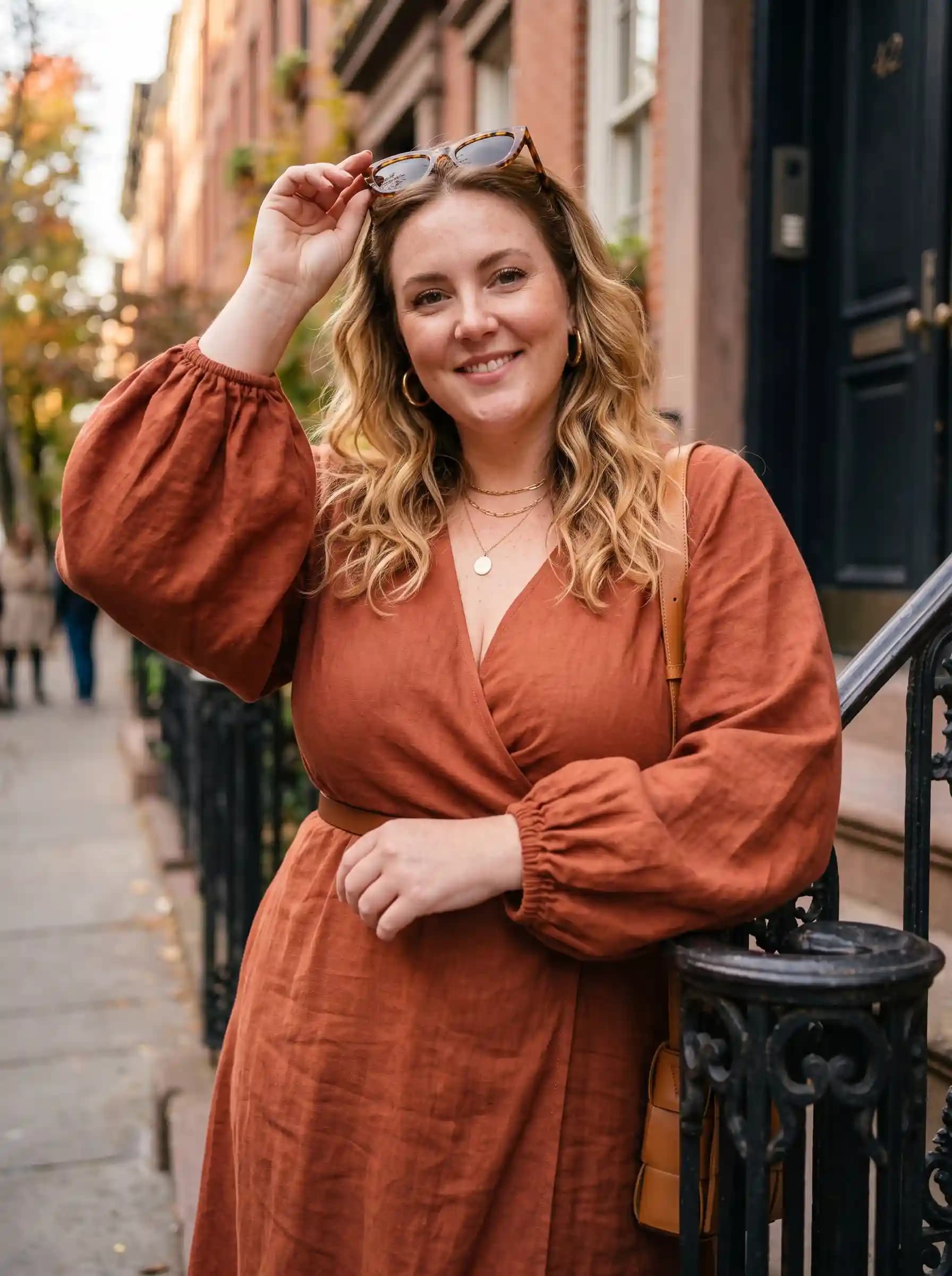 Burnt Orange Linen Wrap Dress + Tan Crossbody Bag