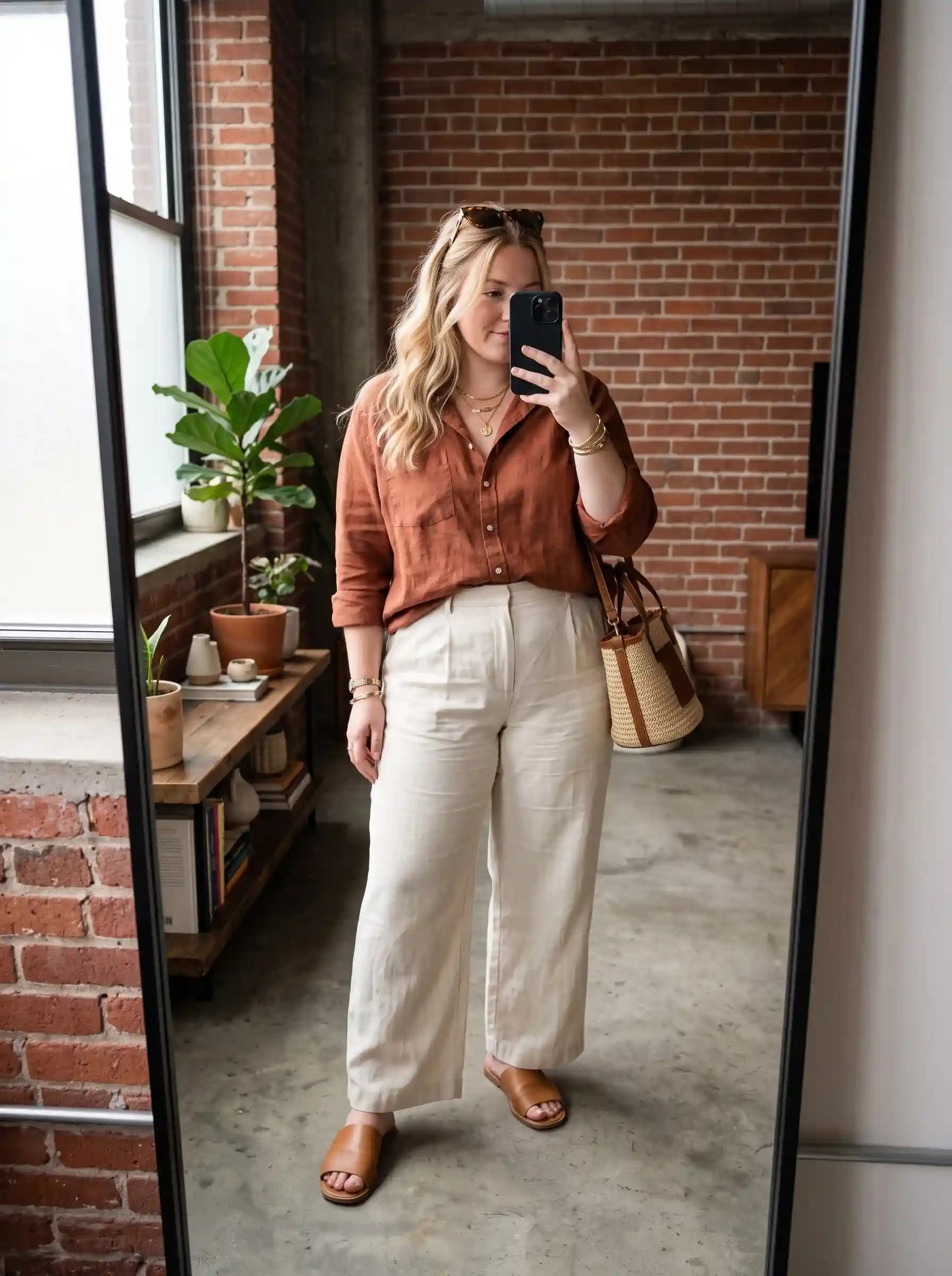 Rust Linen Button-Down Shirt + Cream Wide-Leg Linen Pants