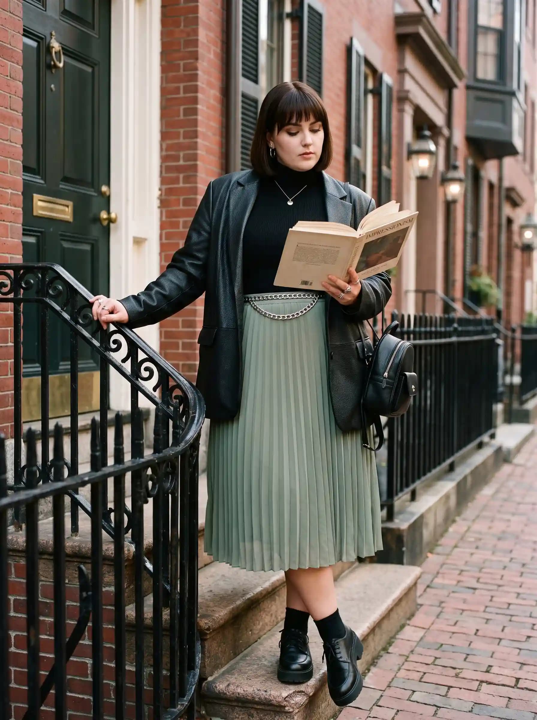Black Turtleneck + Sage Green Pleated Midi Skirt + Black Leather Blazer