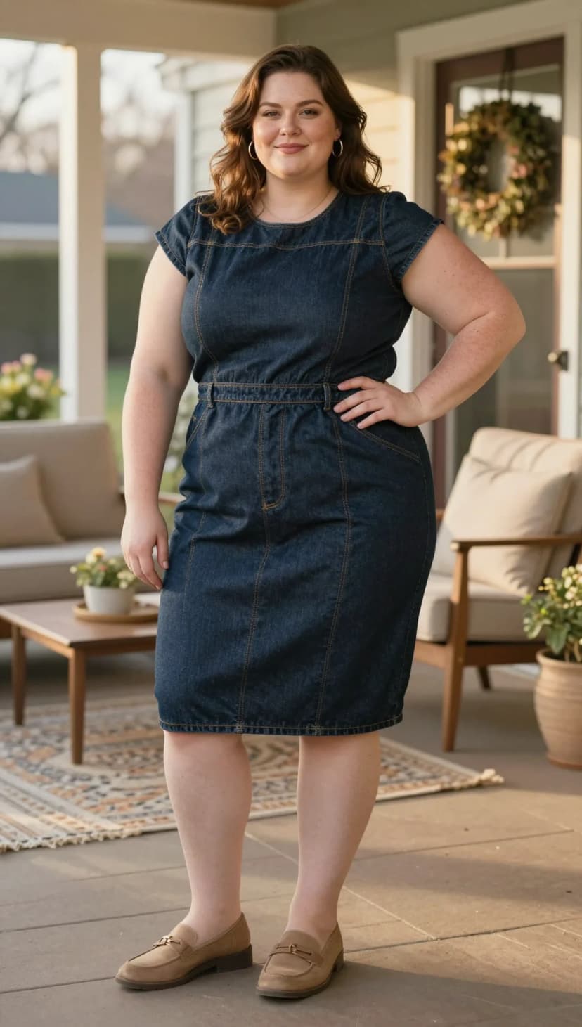 Dark Wash Denim Sheath Dress + Tan Suede Loafers