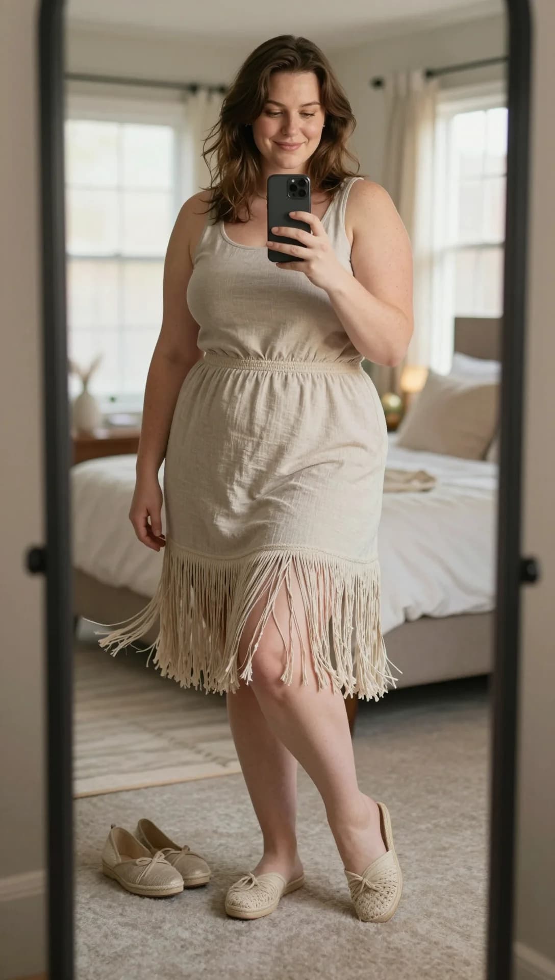 Cream Linen Tank Dress + Cream Woven Mules