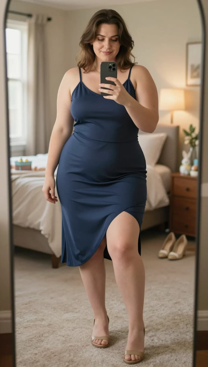 Navy Satin Slip Dress + Nude Strappy Heels