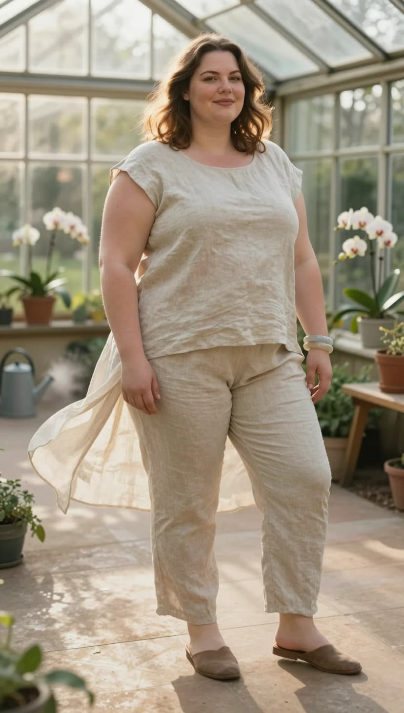 Natural Linen Tunic Top + Natural Linen Cropped Trousers + Brown Suede Mules