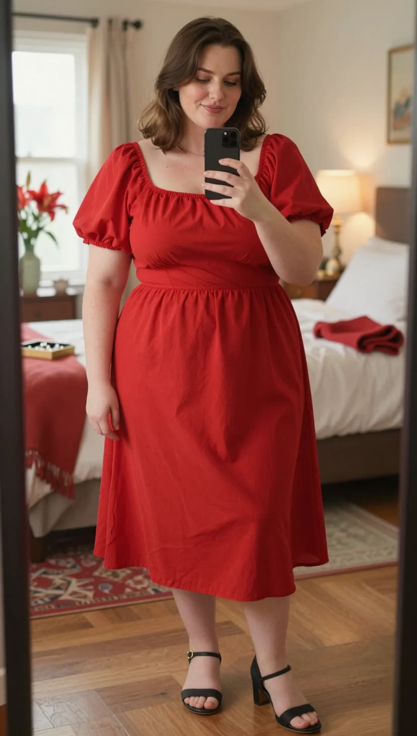 Red Cotton Puff Sleeve Midi Dress + Black Block Heel Sandals