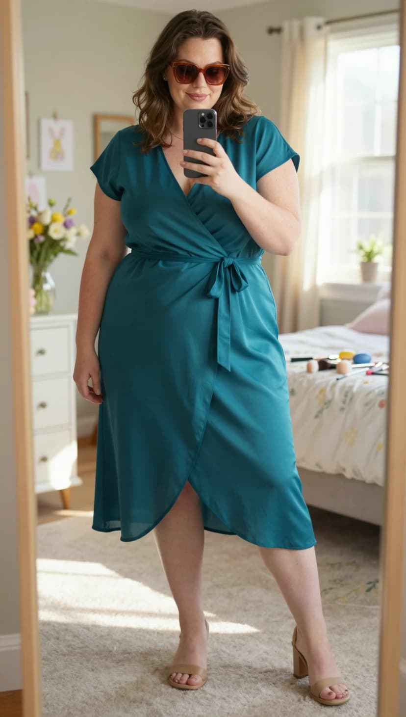Teal Satin Wrap Midi Dress + Tan Block Heel Sandals