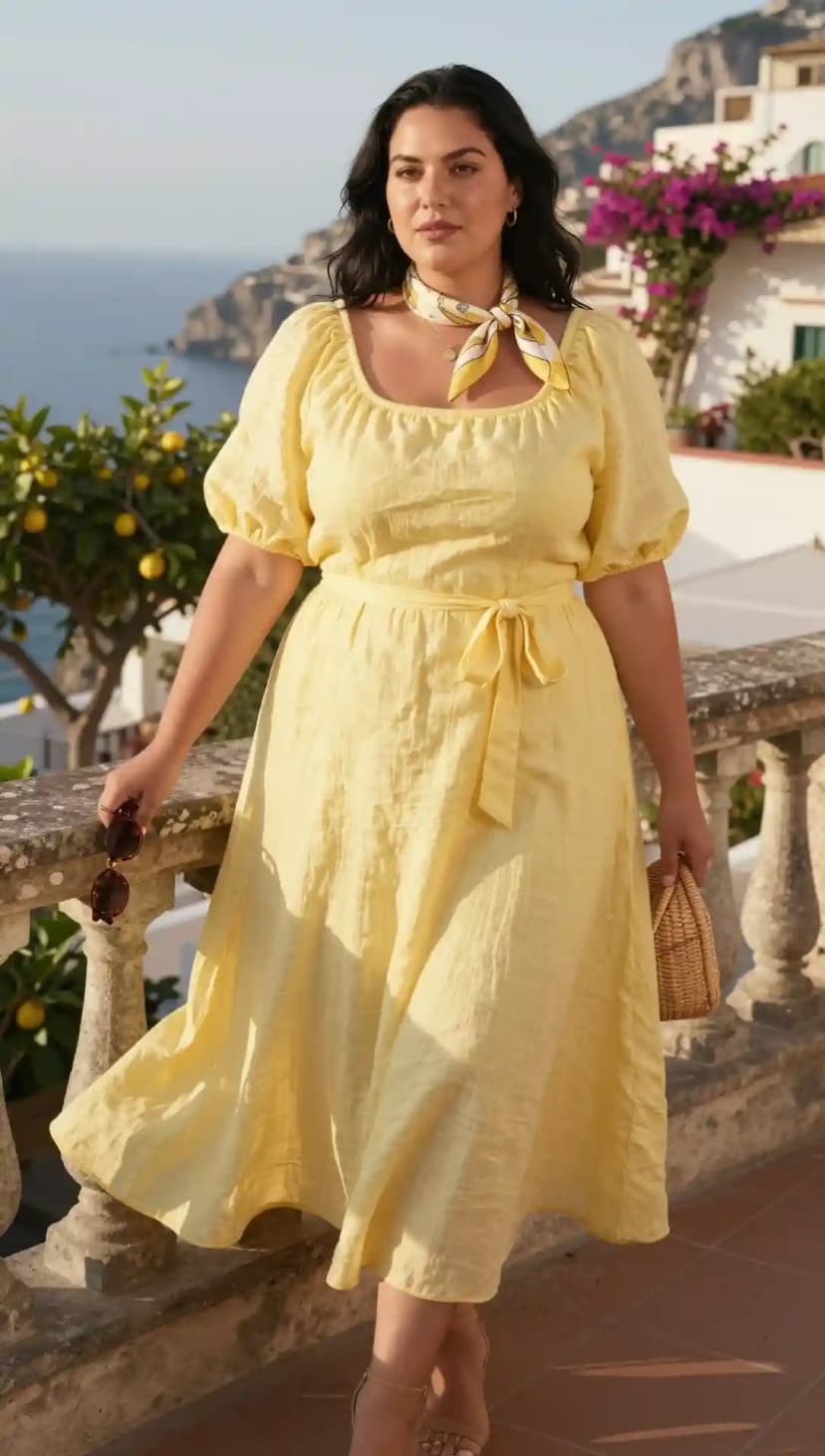 Yellow Linen Midi Dress + White and Yellow Printed Silk Scarf