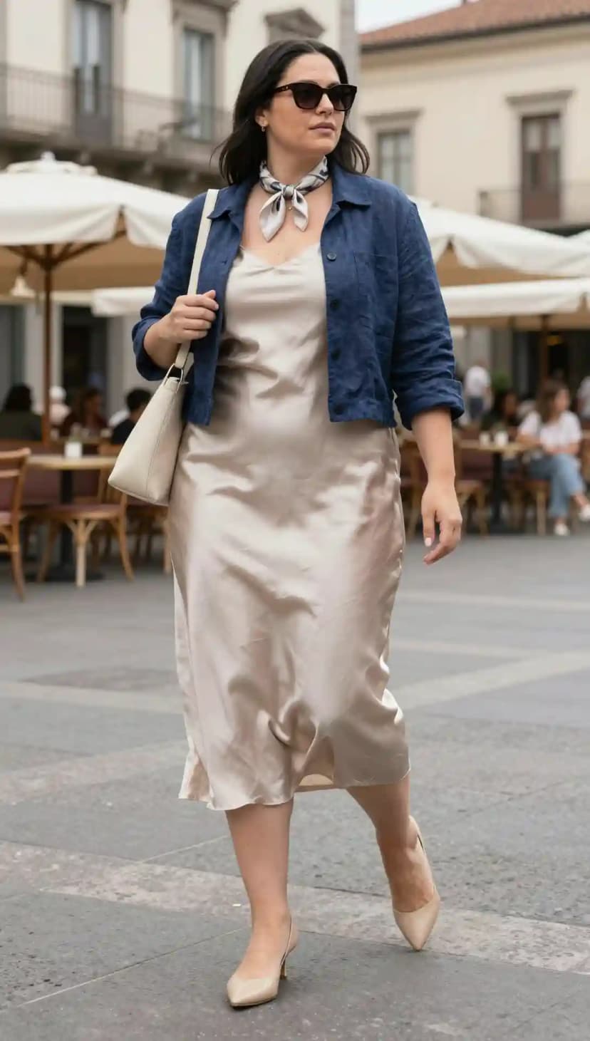 Blue Linen Cropped Jacket + Champagne Satin Slip Dress + Beige Leather Pumps