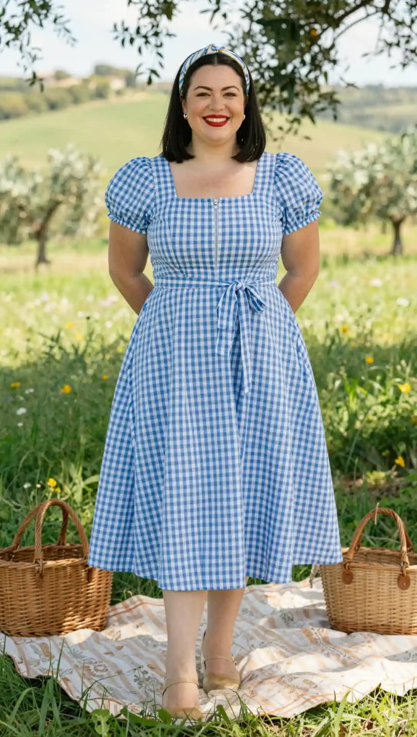 Blue Gingham Cotton Midi Dress + Blue and White Print Headband + Tan Mary Jane Heels
