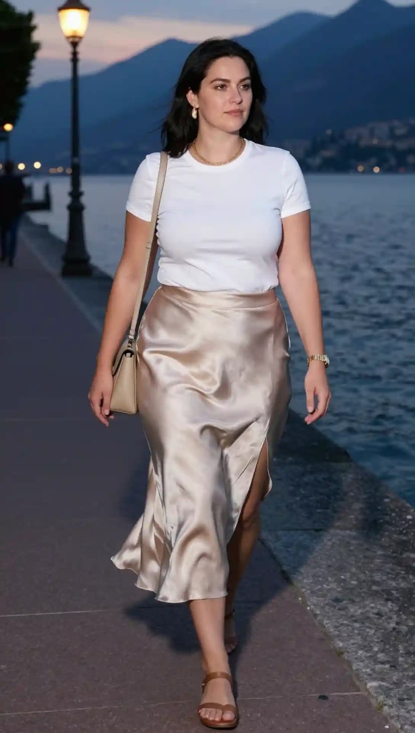 White Cotton T-shirt + Champagne Satin Midi Skirt