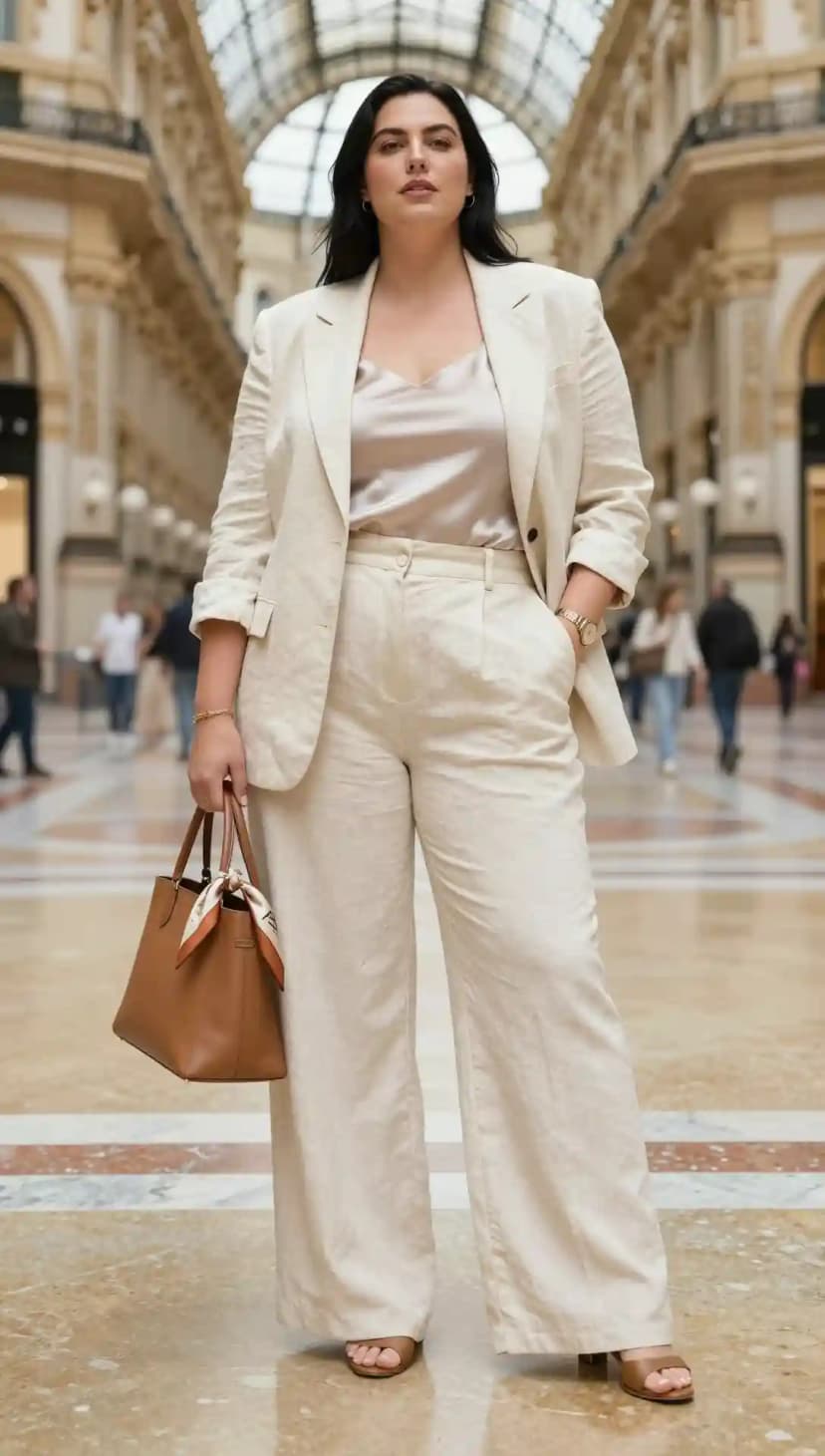 Cream Linen Blazer + Cream Linen Trousers + Cream Satin Camisole