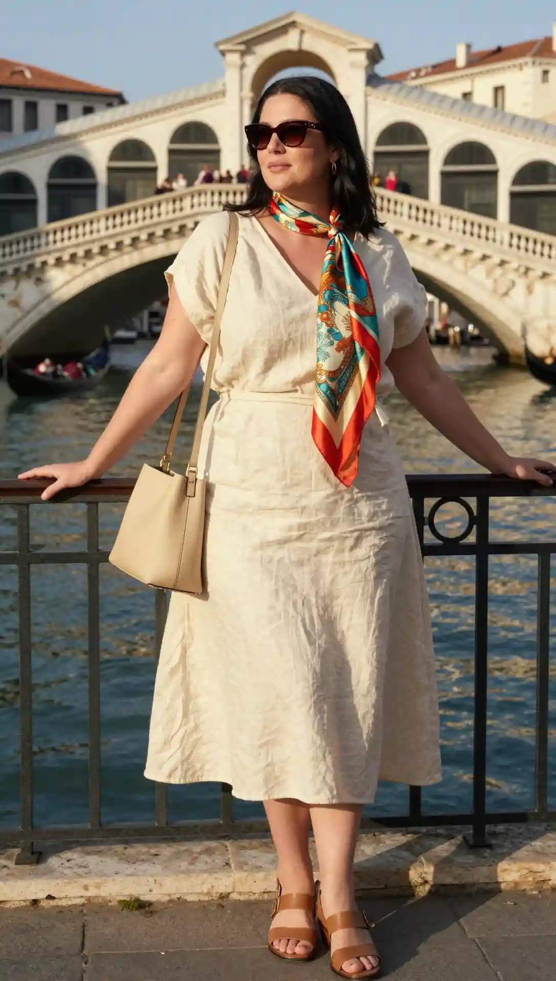 Cream Linen Midi Dress + Multicolored Silk Scarf + Tan Leather Sandals