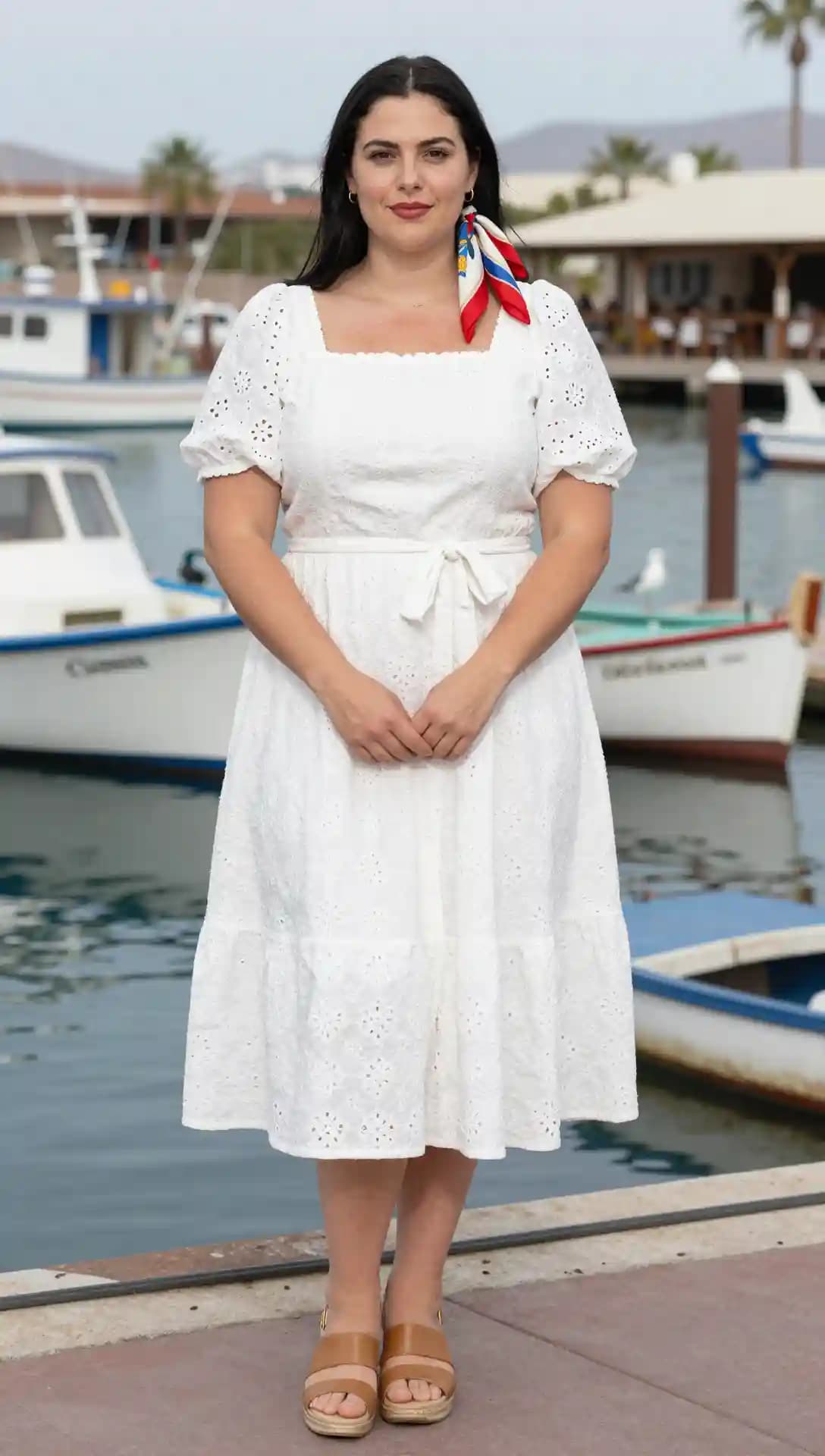 White Eyelet Cotton Midi Dress + Brown Leather Espadrille Wedge Sandals