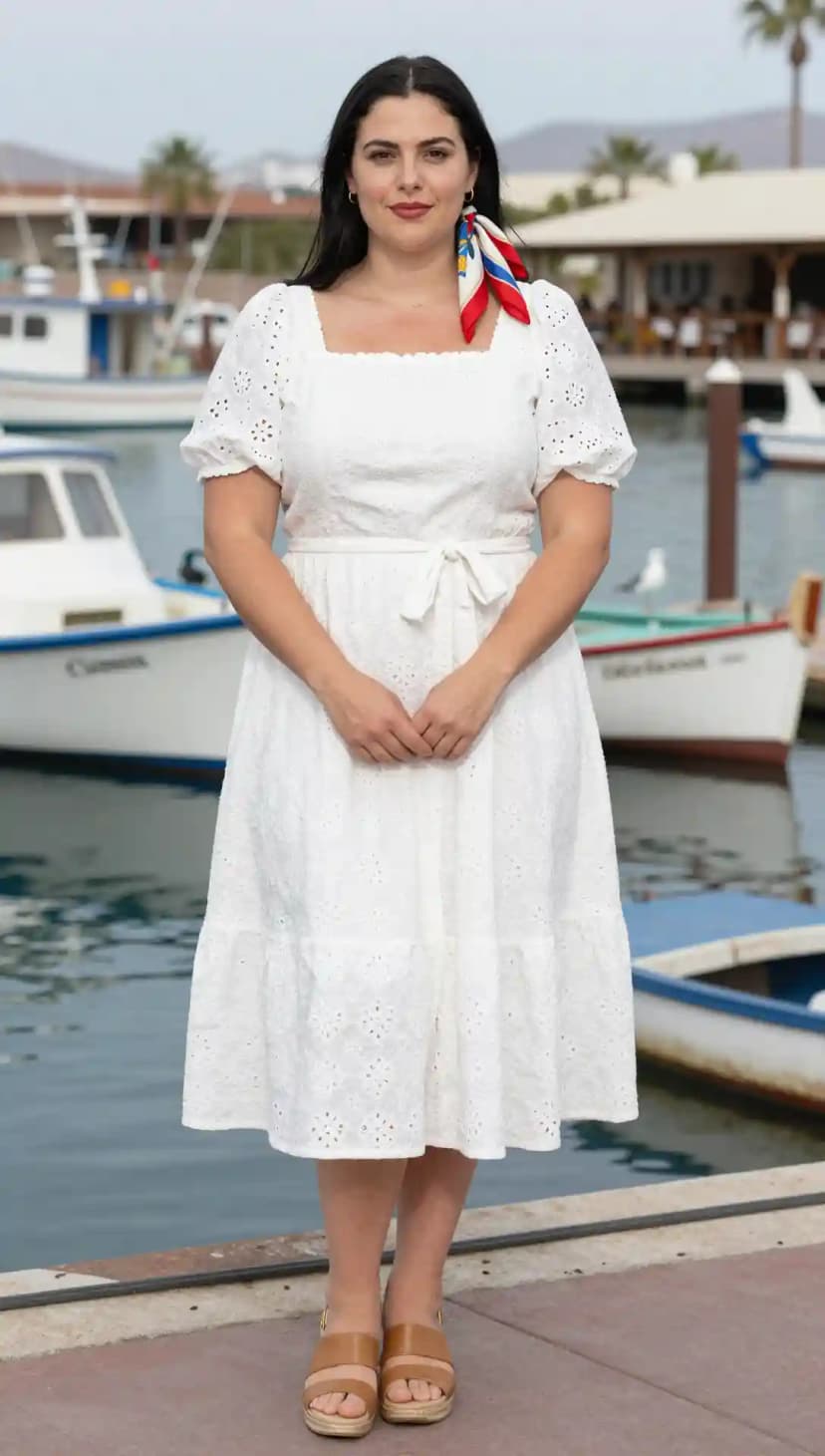 White Eyelet Cotton Midi Dress + Brown Leather Espadrille Wedge Sandals