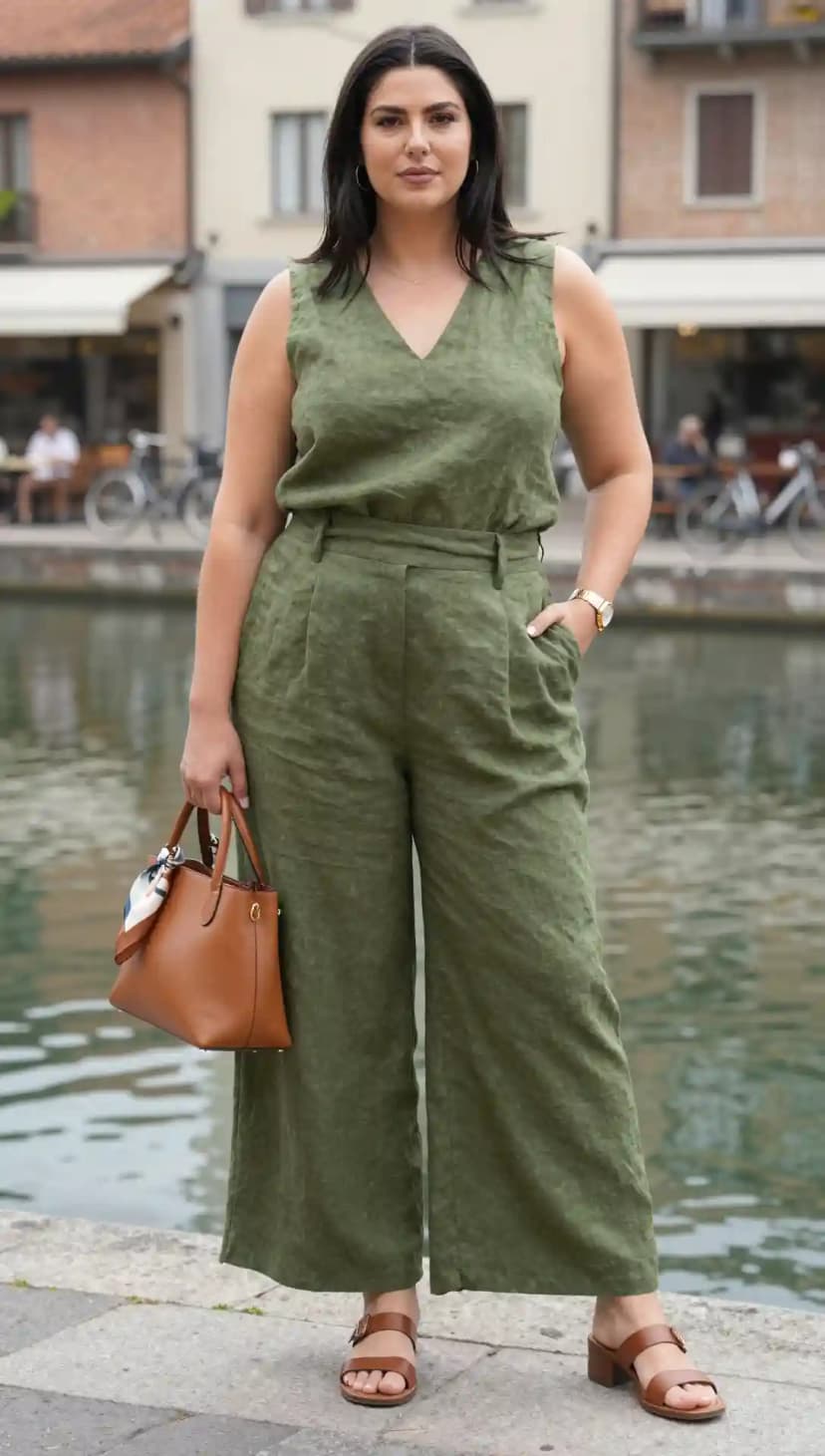 Olive Linen Sleeveless Top + Olive Linen Wide-Leg Pants
