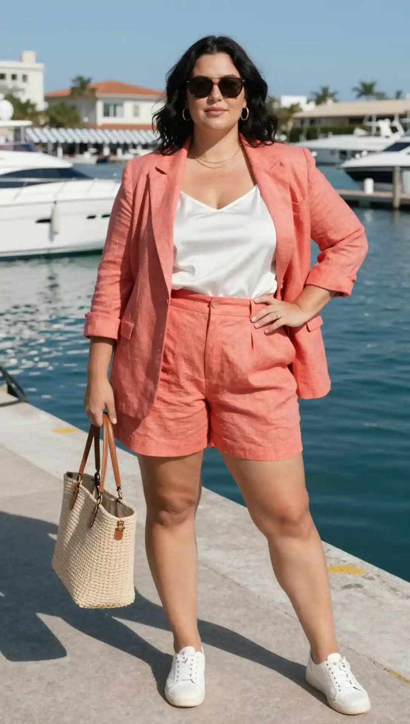 Coral Linen Blazer + White Satin Camisole + Coral Linen Shorts