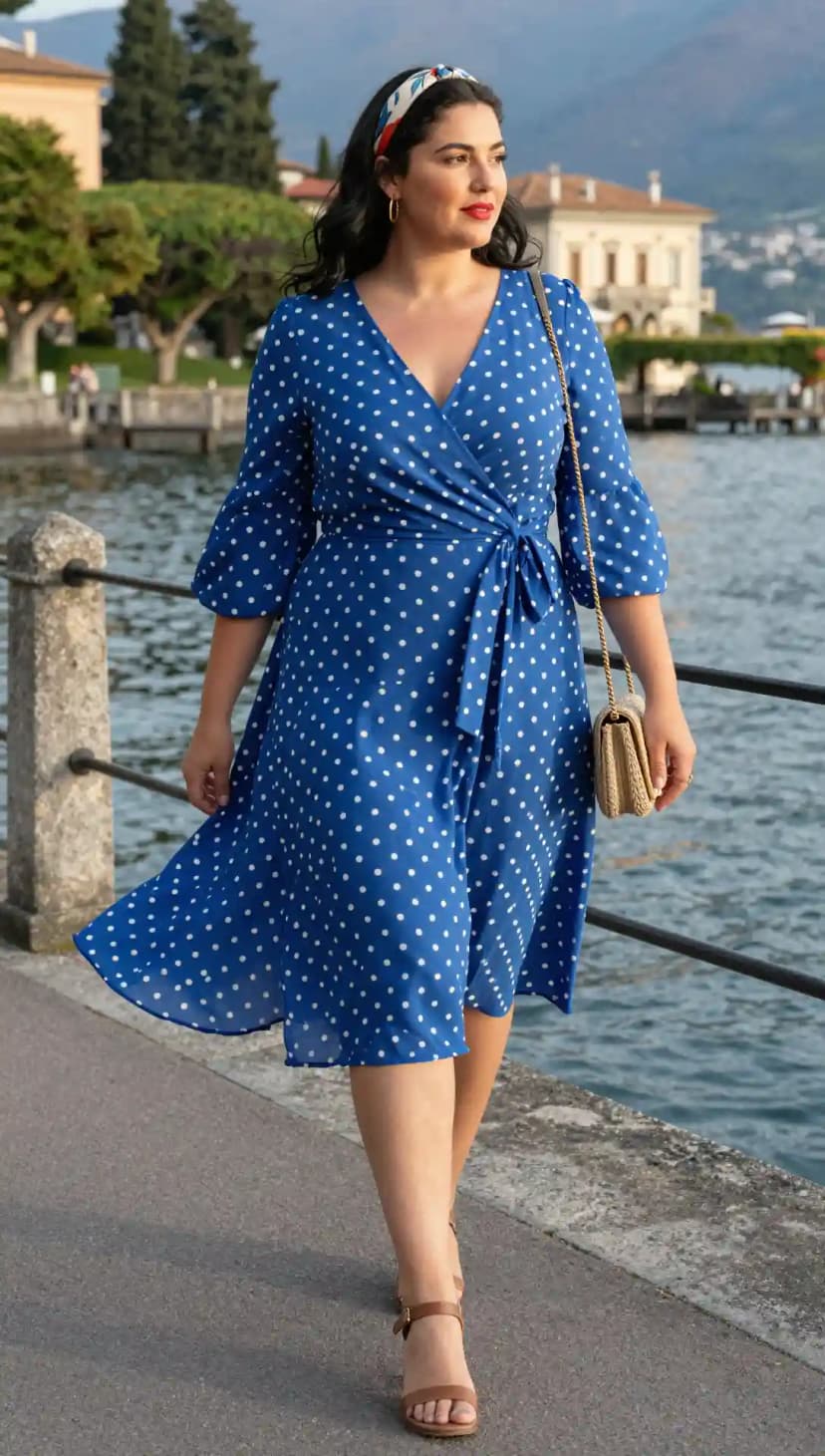 Blue Polka Dot Chiffon Wrap Dress