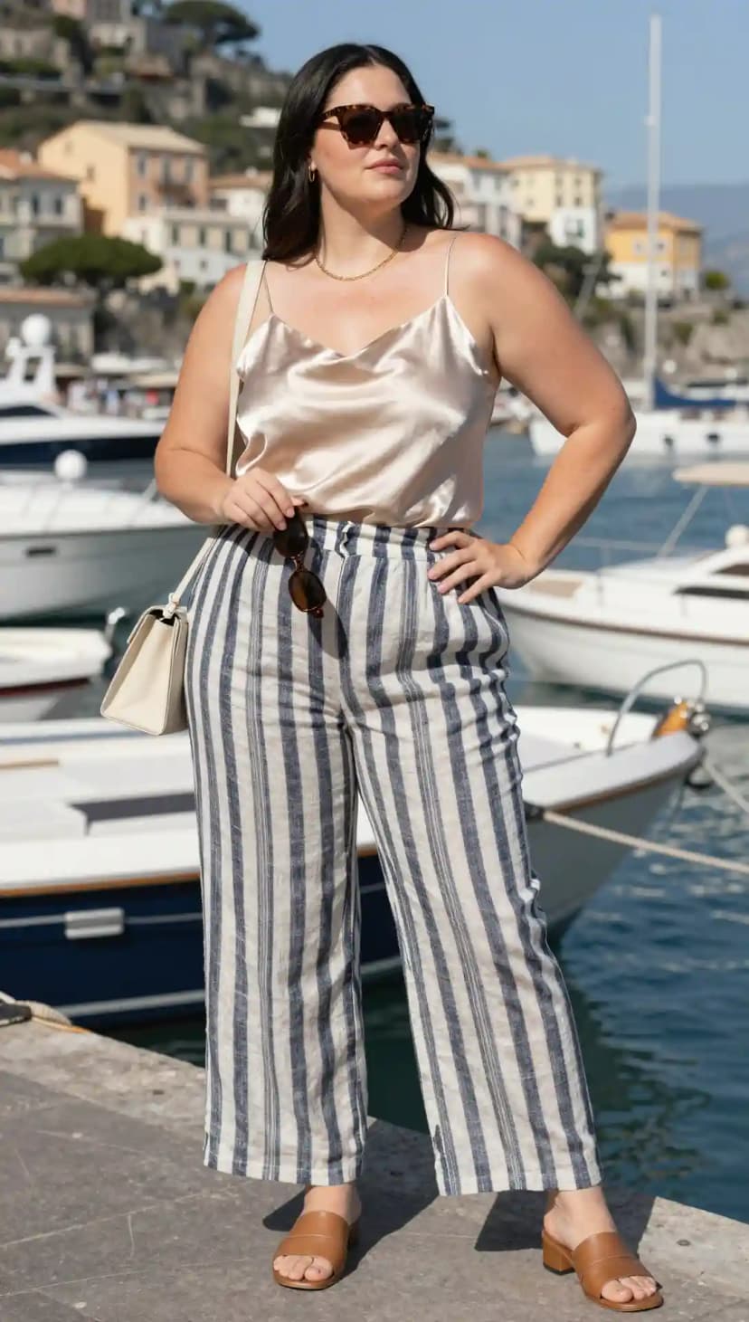 Champagne Satin Camisole + Blue Stripe Linen Trousers