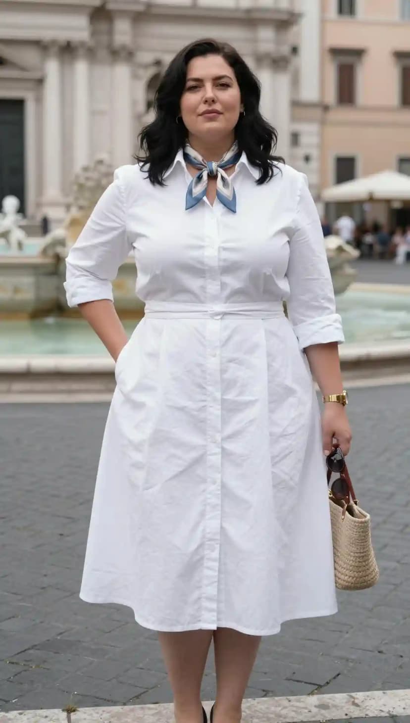 White Cotton Shirt Dress + Blue Printed Silk Scarf