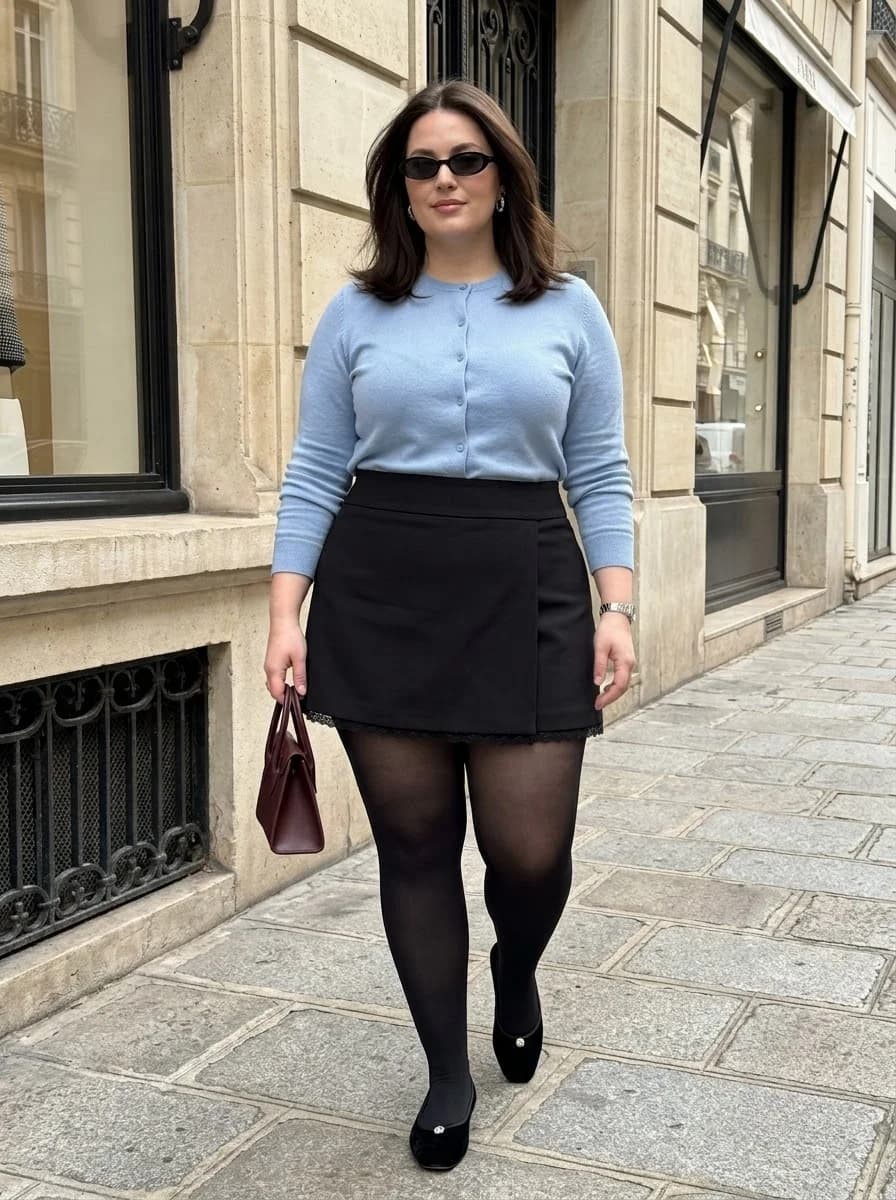 Soft Blue Cardigan & Black Mini Skirt