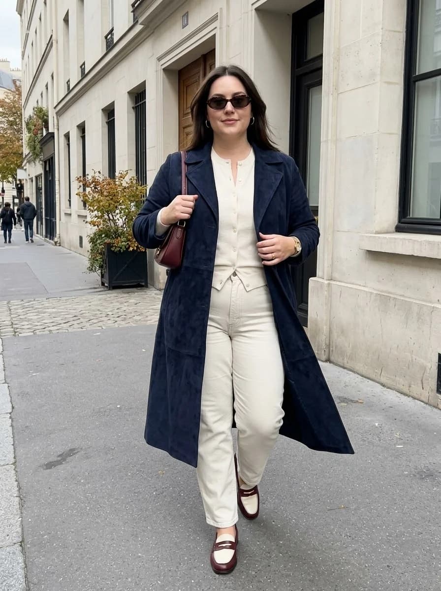 Navy Suede Trench with an All-Cream Base