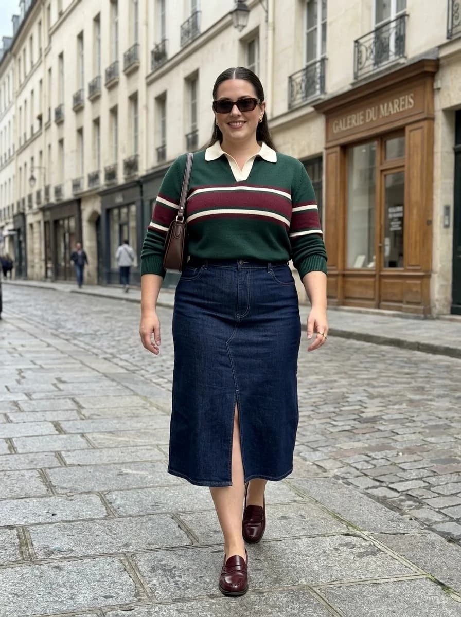 Rugby Knit & Dark Denim Midi Skirt