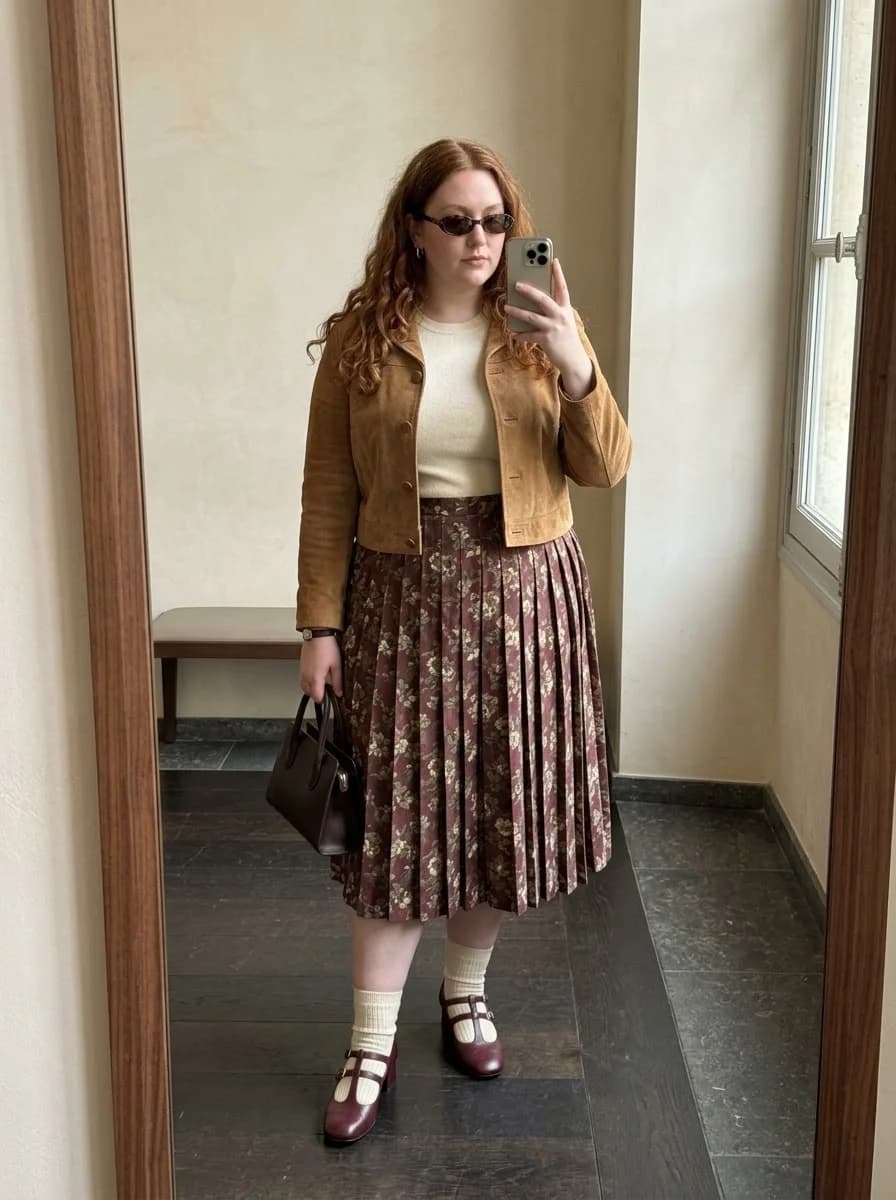Suede Jacket & Vintage Floral Pleats