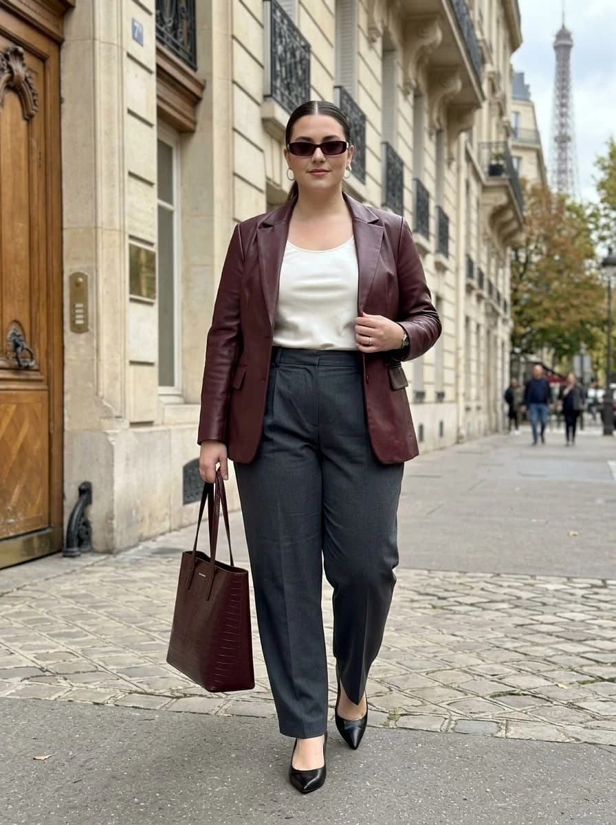 Burgundy Leather Blazer with Tailored Grey Trousers
