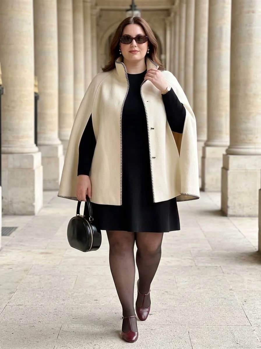 Cream Cape Coat over a Little Black Dress