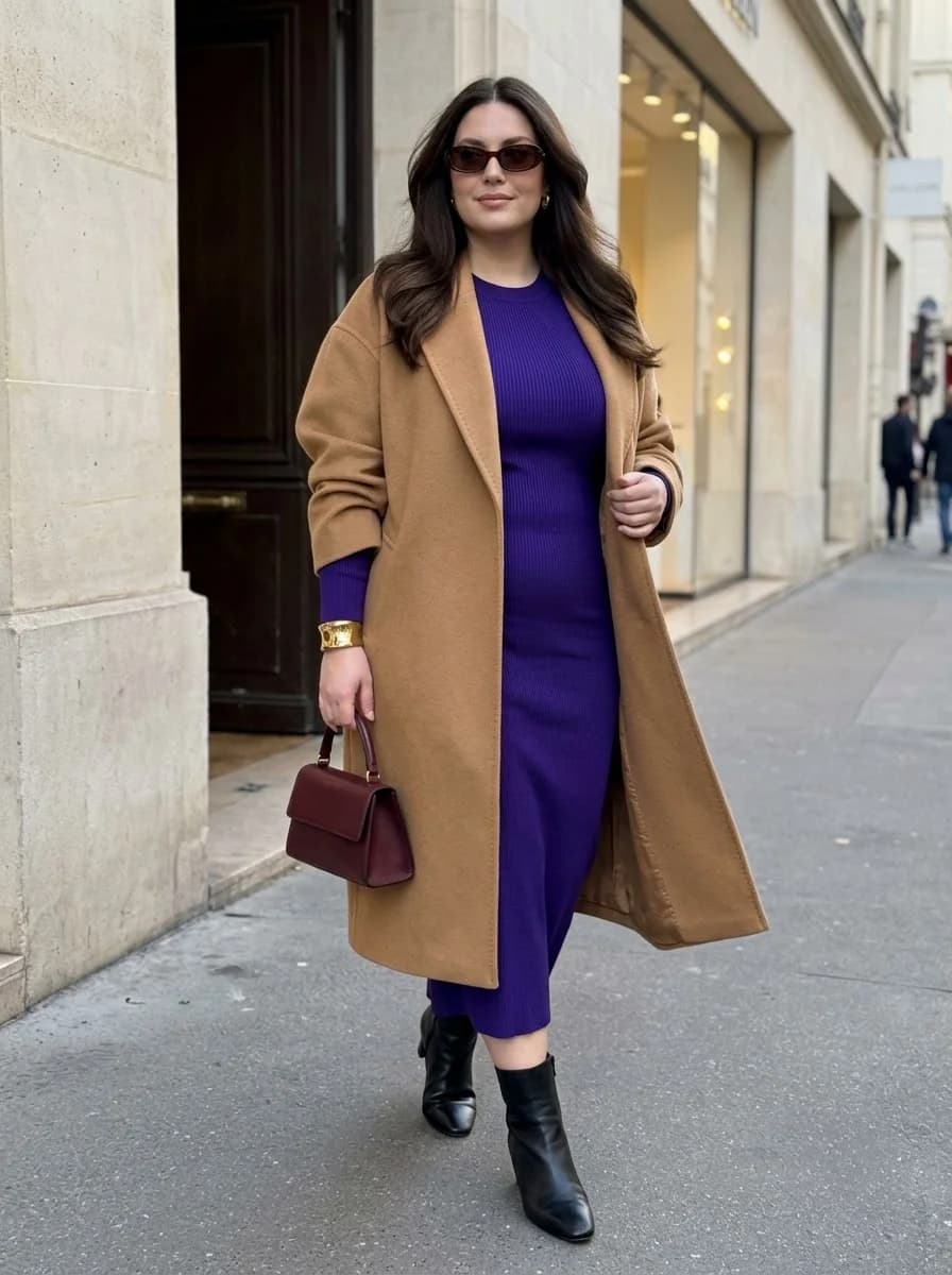 Purple Ribbed Midi Dress under a Camel Coat