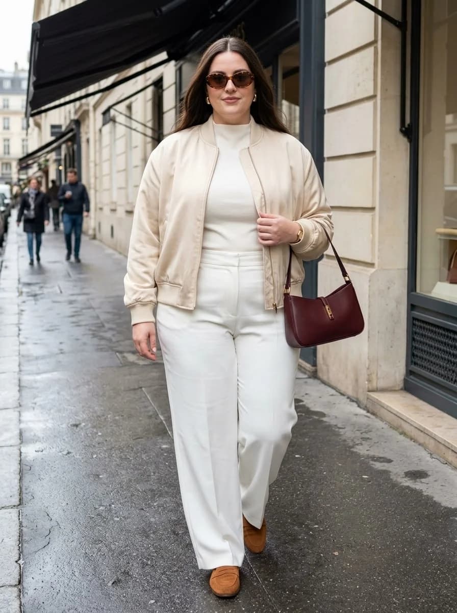 Tonal Cream Bomber with White Wide-Leg Trousers