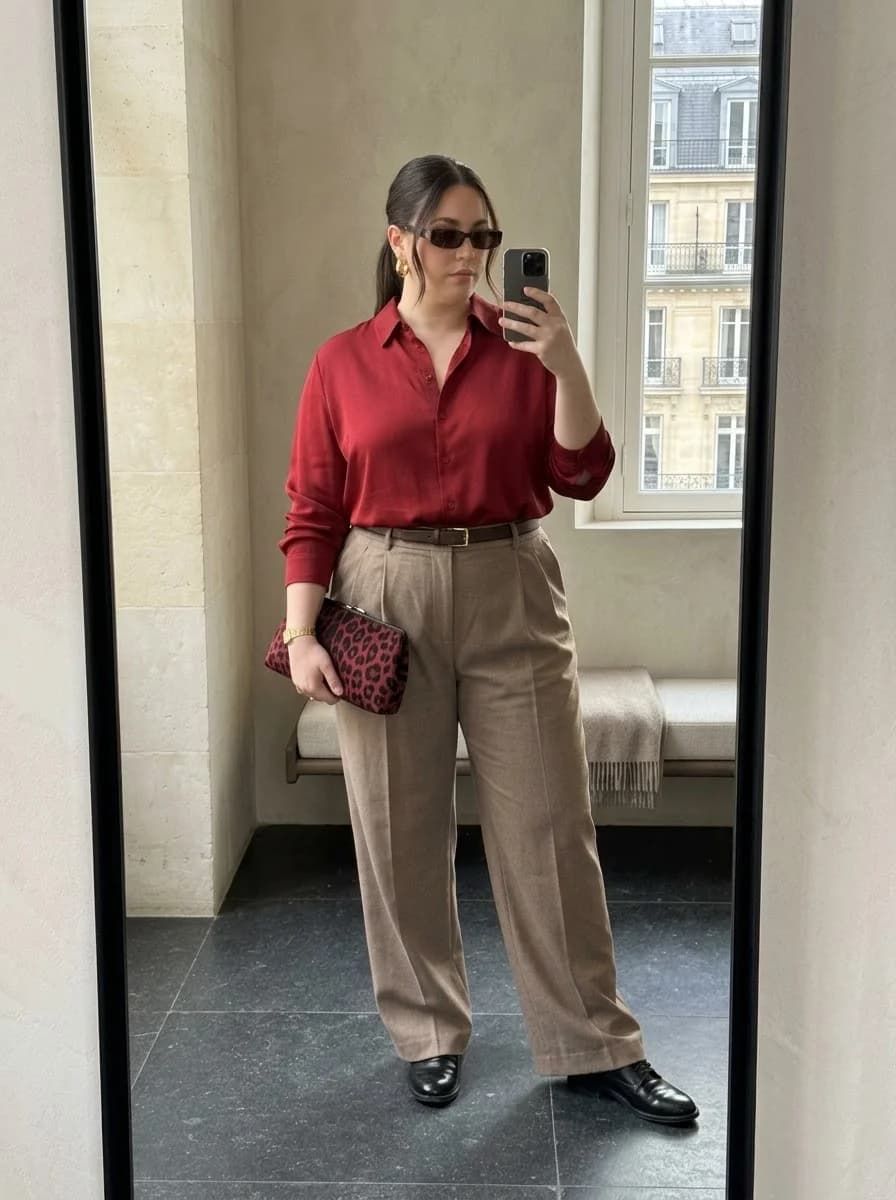 Red Satin Blouse with Taupe Wide-Leg Trousers