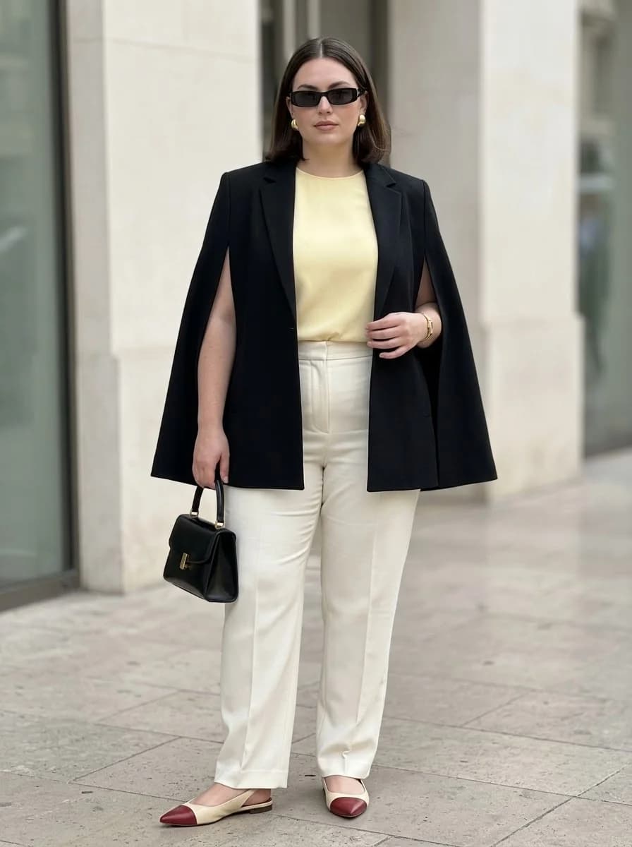 Black Cape Blazer with Ivory Trousers