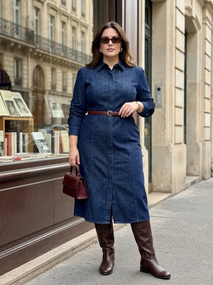 Belted Denim Shirtdress with Tall Brown Boots