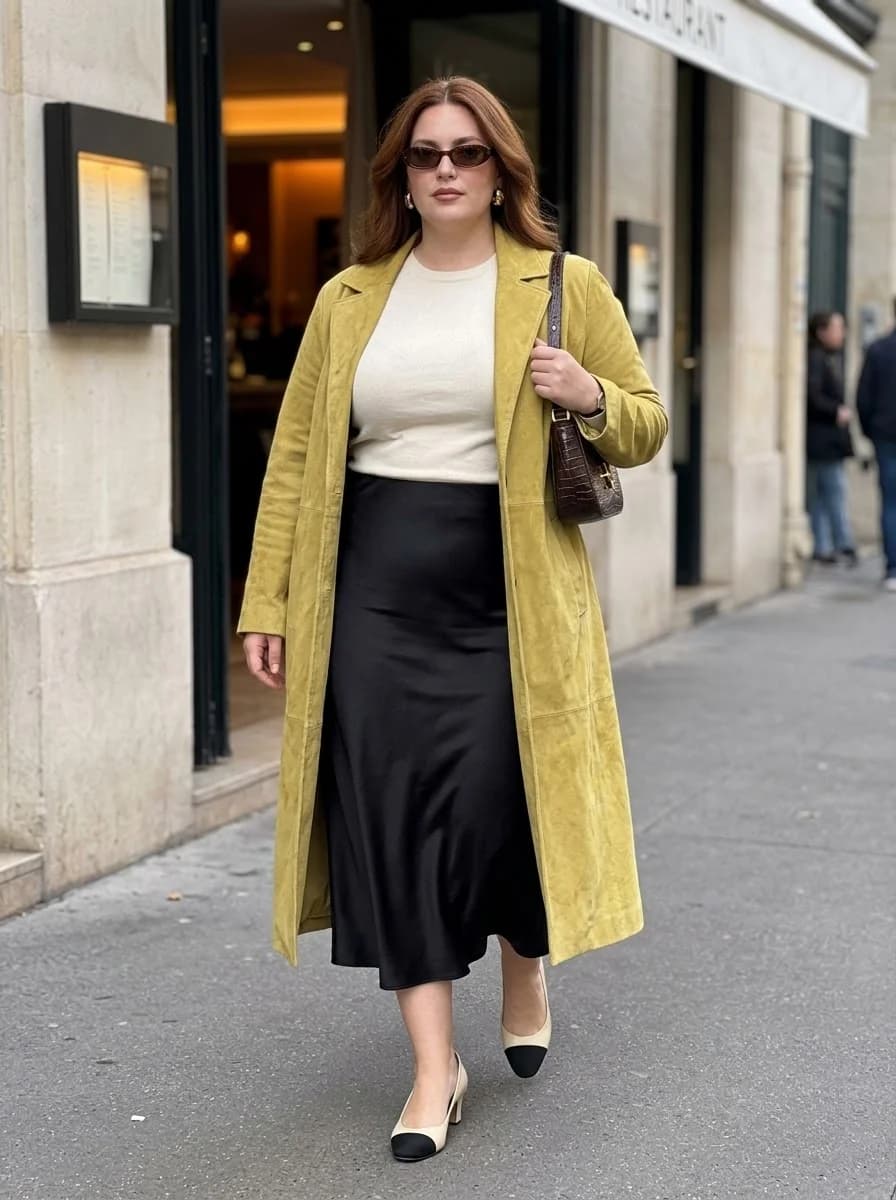 Olive Suede Coat with a Black Slip Skirt