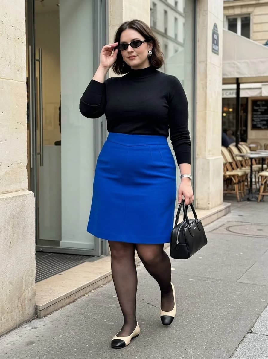 Cobalt Blue Skirt with a Classic Black Knit